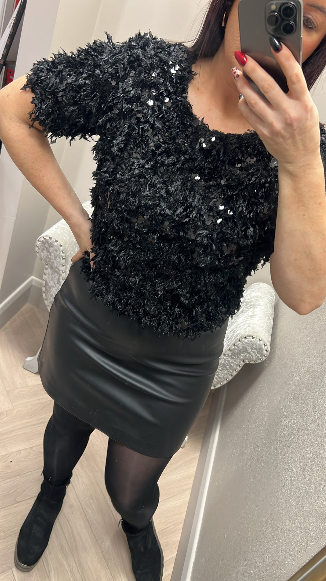 Black feather knit top