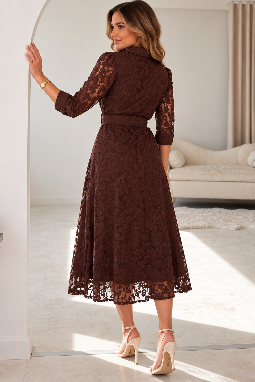 Tansy 3/4 Sleeve Lace Shirt Dress Brown