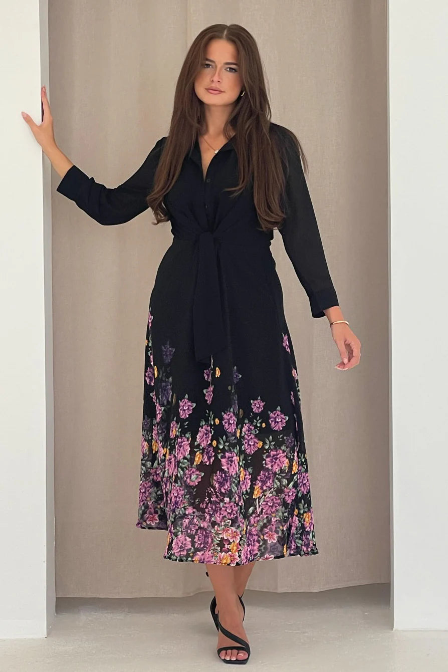 Isabella purple  Floral Tie Front Shirt Dress