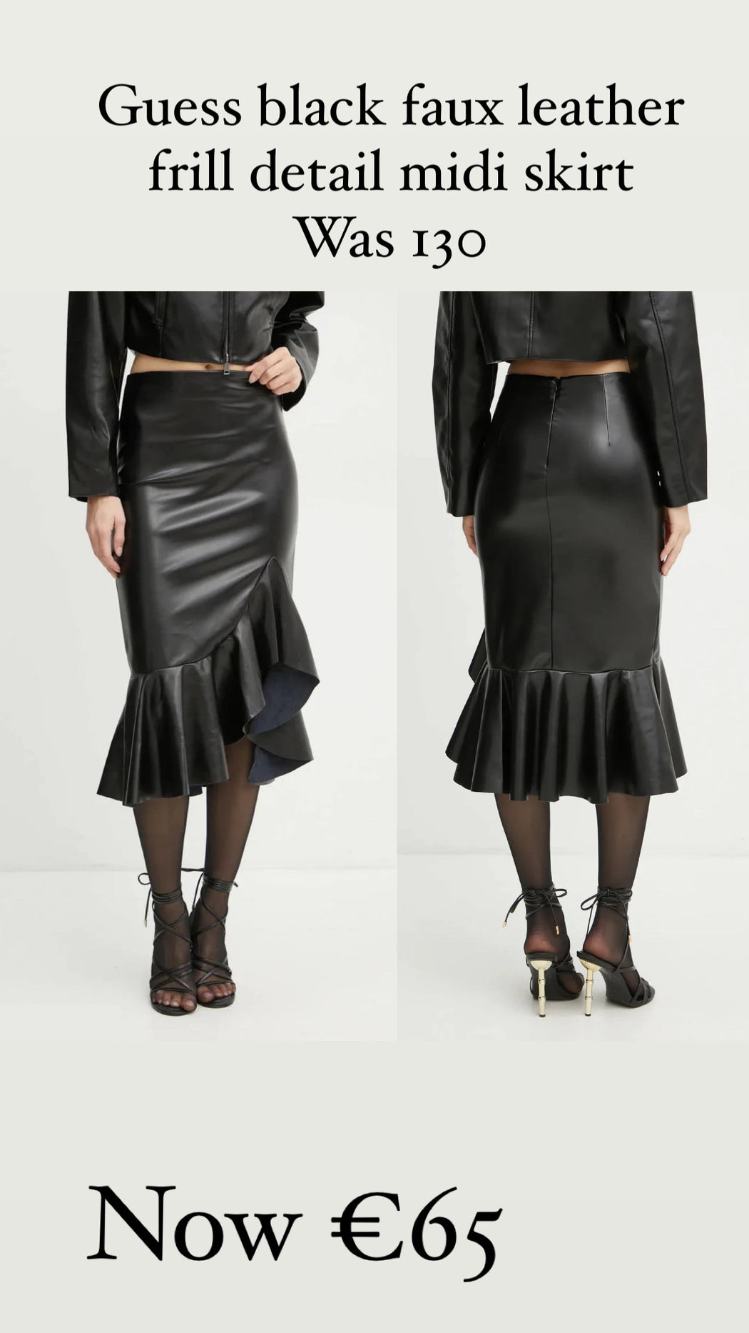 Guess black faux leather frill detail midi skirt