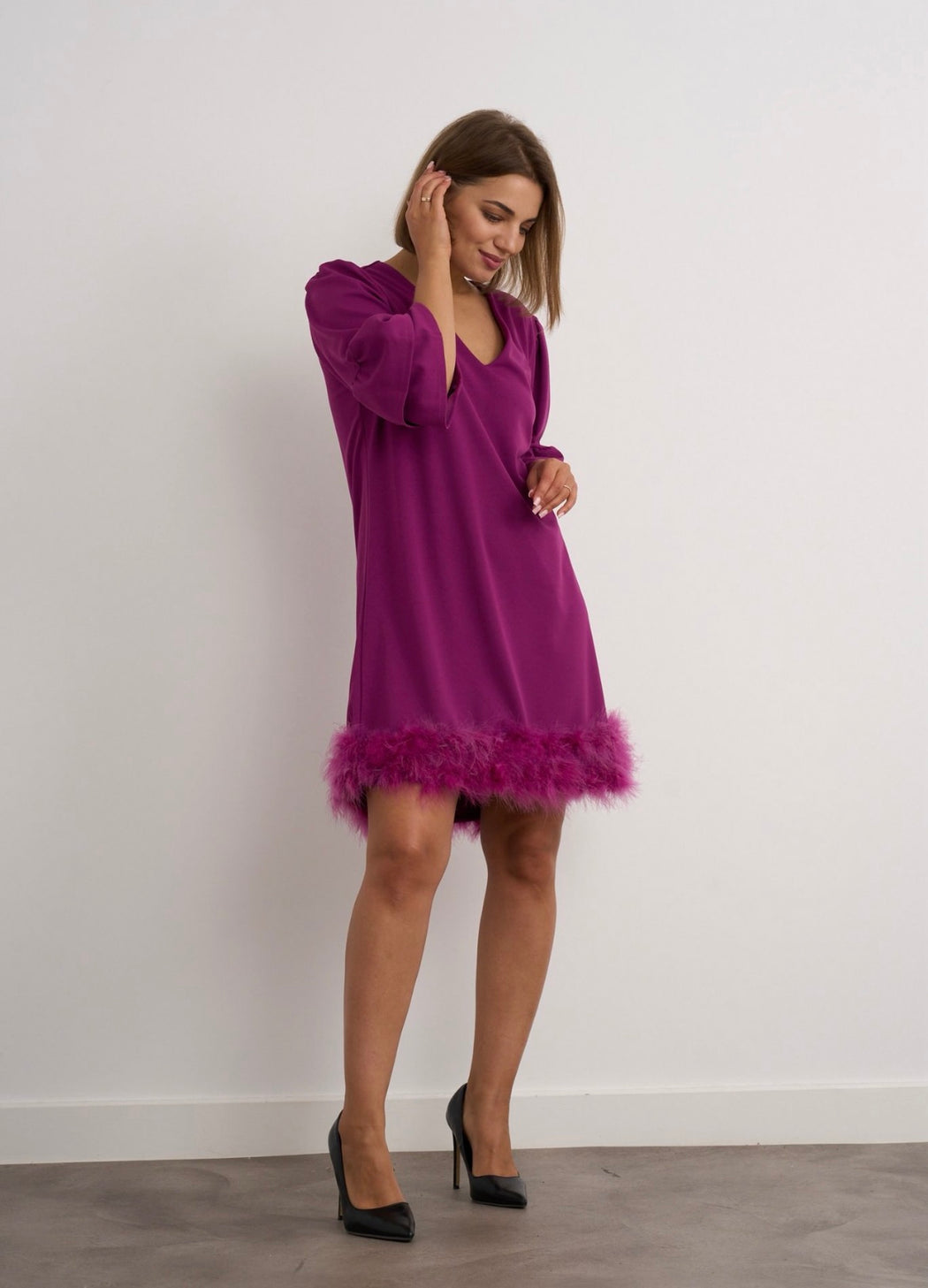 Kylie magenta fur trim dress