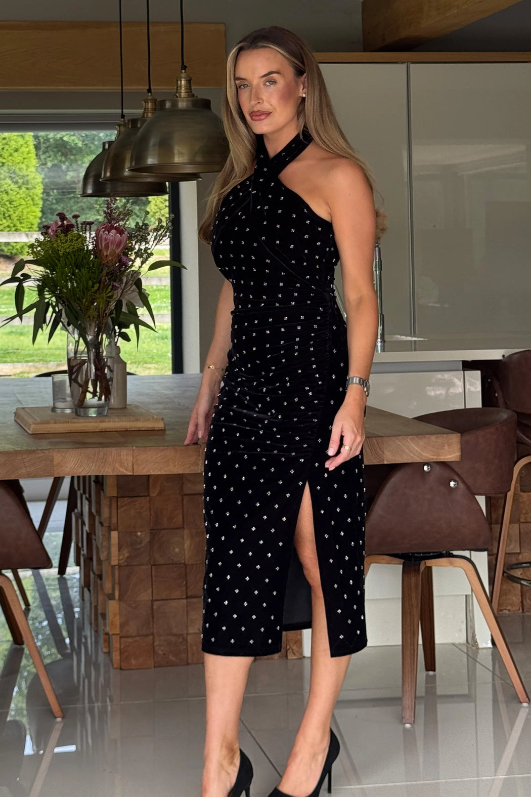 Bessie Halter Neck Side Split Midi Dress Beaded Velvet