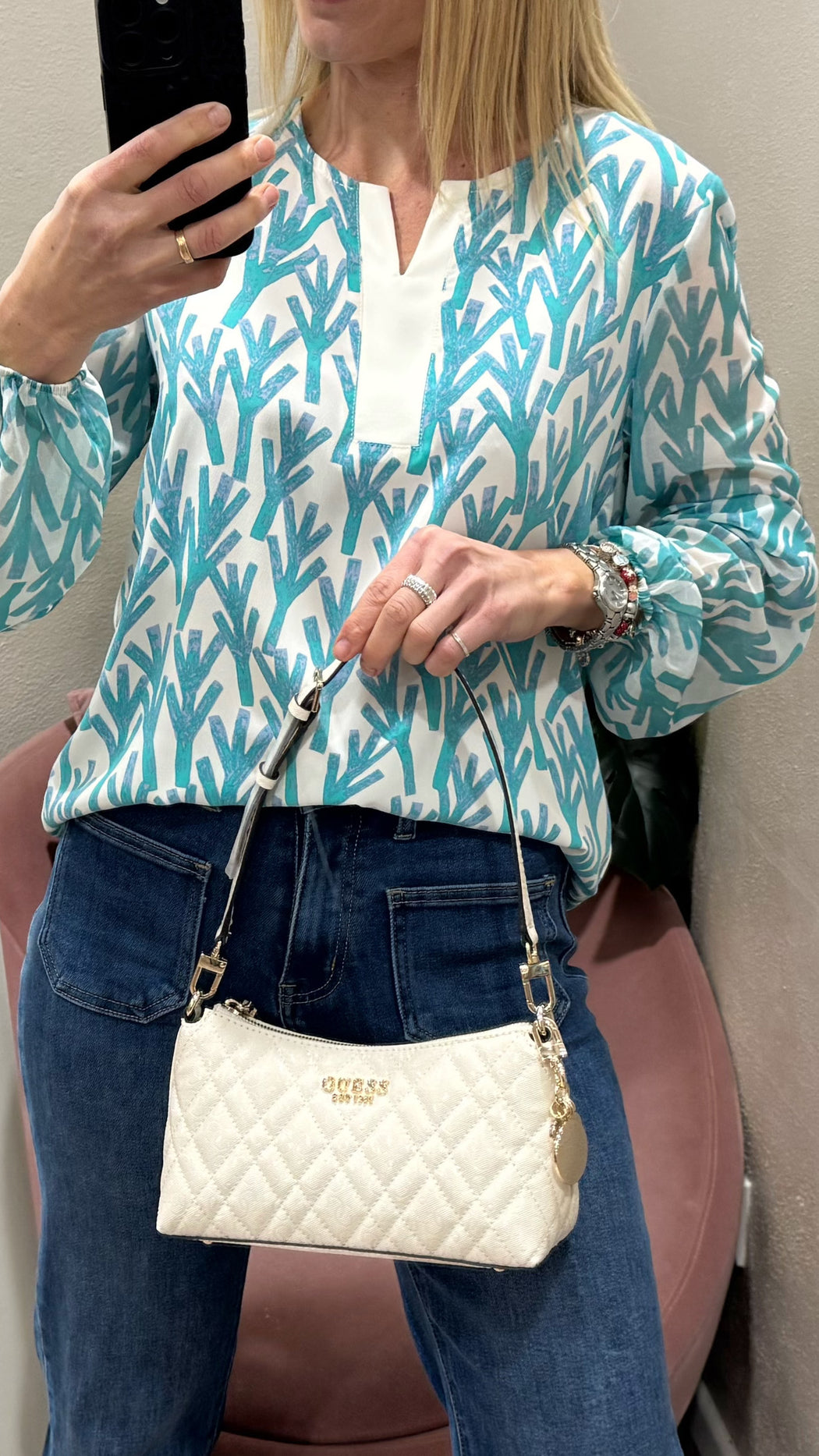 Guess off White Logo Isemay Shoulder Bag