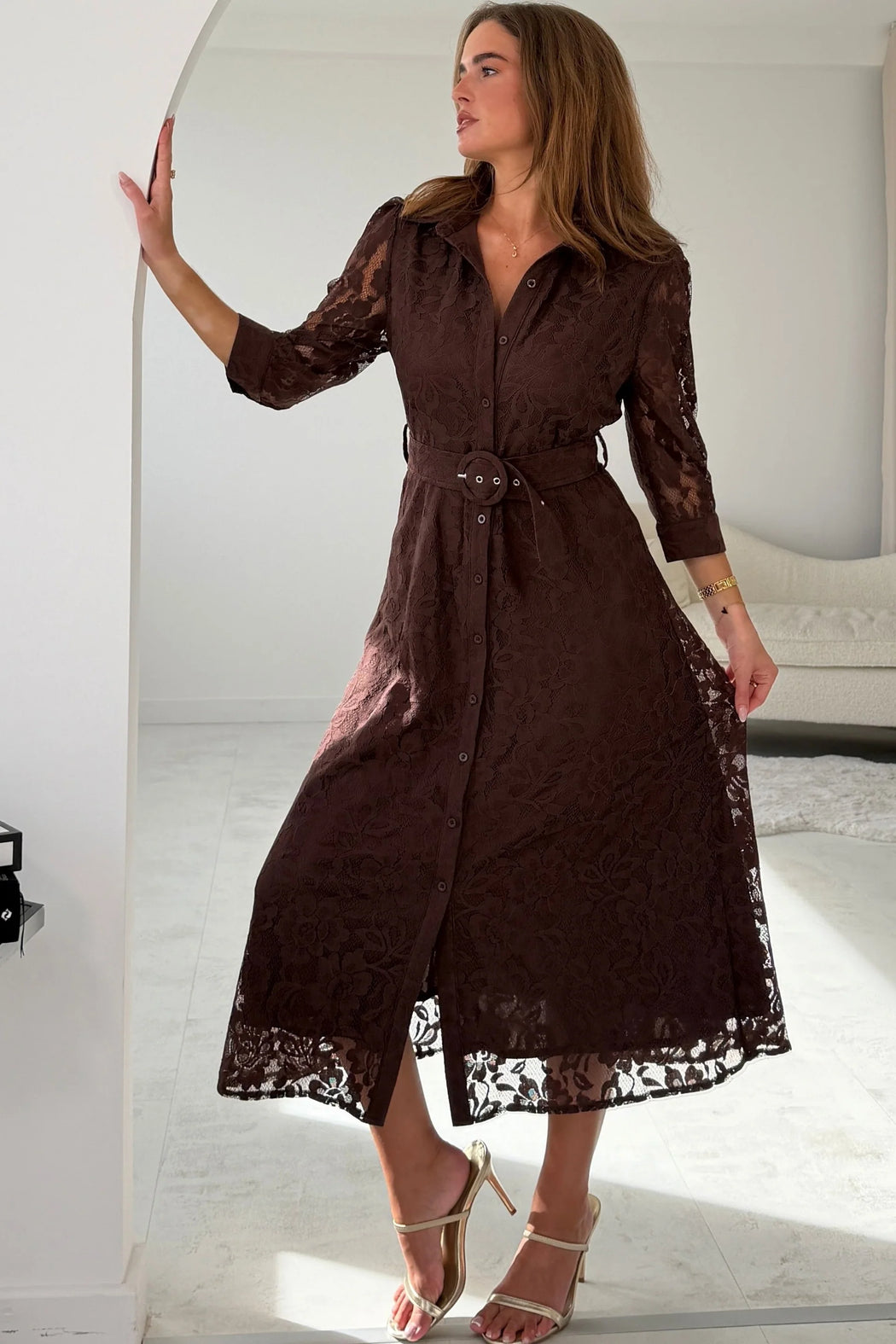 Tansy 3/4 Sleeve Lace Shirt Dress Brown