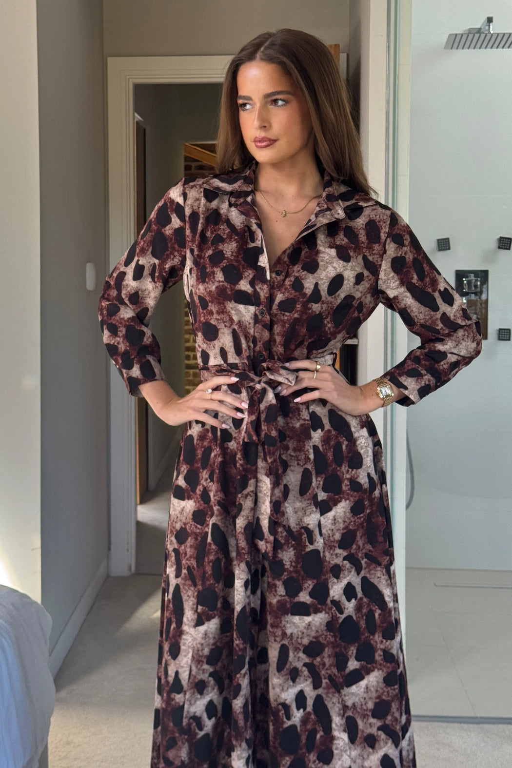 Angela Long Sleeve Maxi Shirt Dress Brown