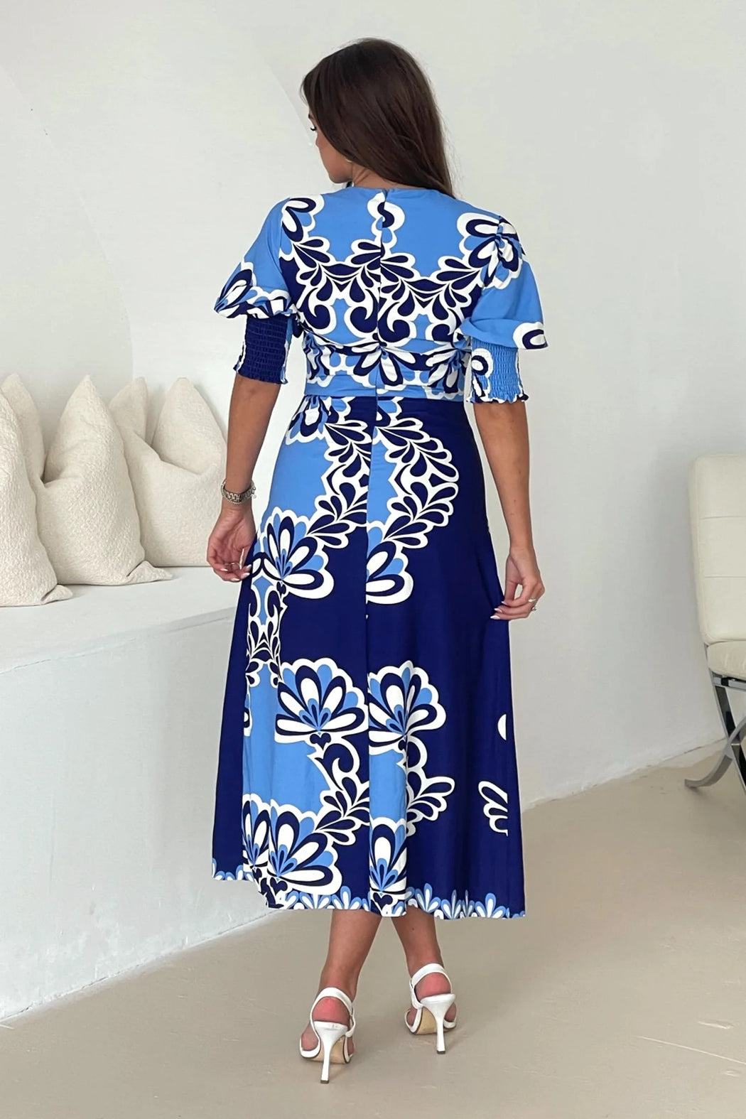 Shayla Blue Print Shirred Cuff Midi Dress