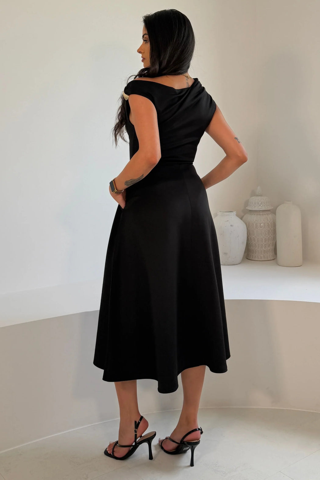 Tillie Gold Trim Asymmetric Neck Midi Dress Black
