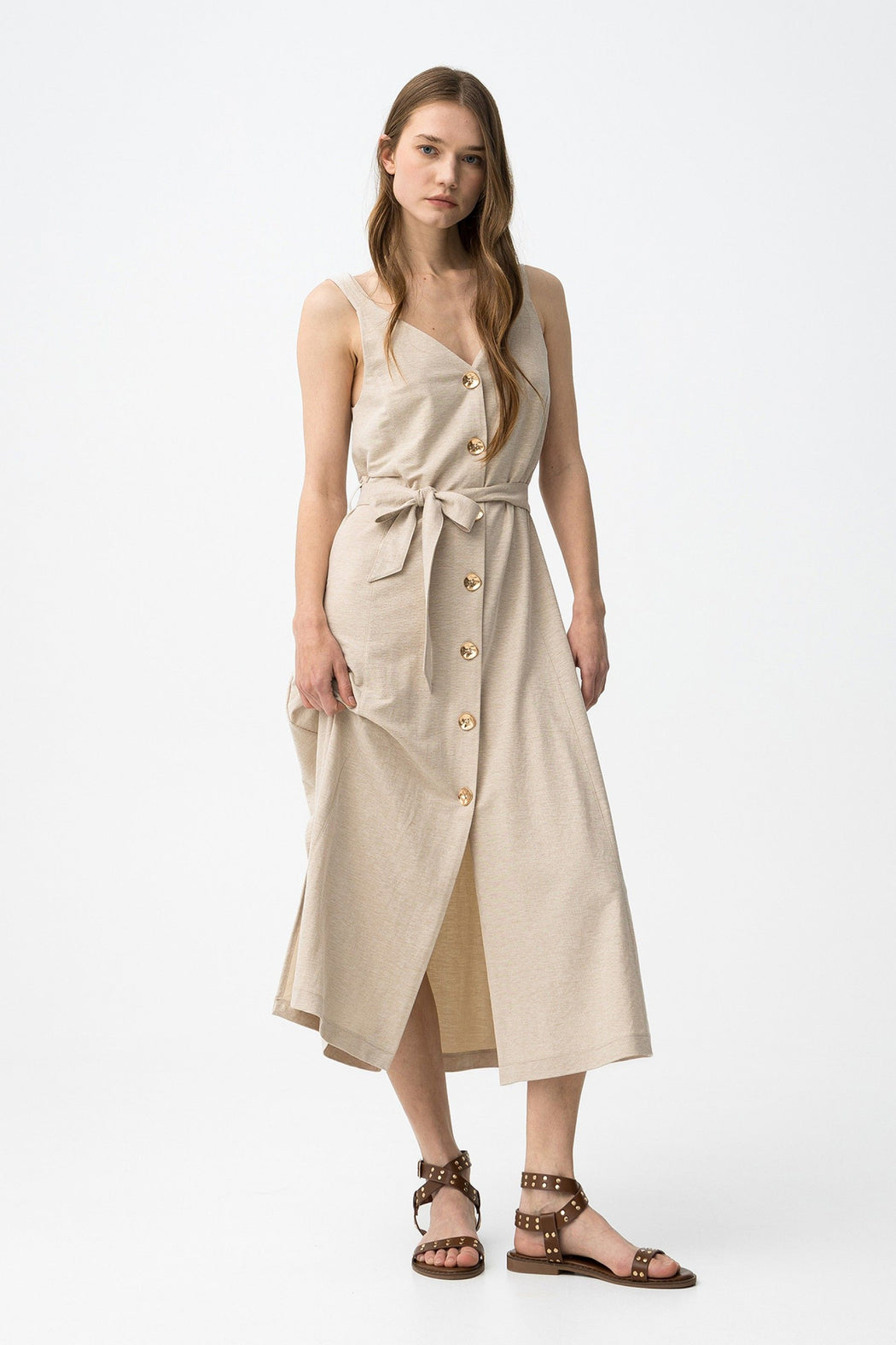 Shara beige gold button detail dress