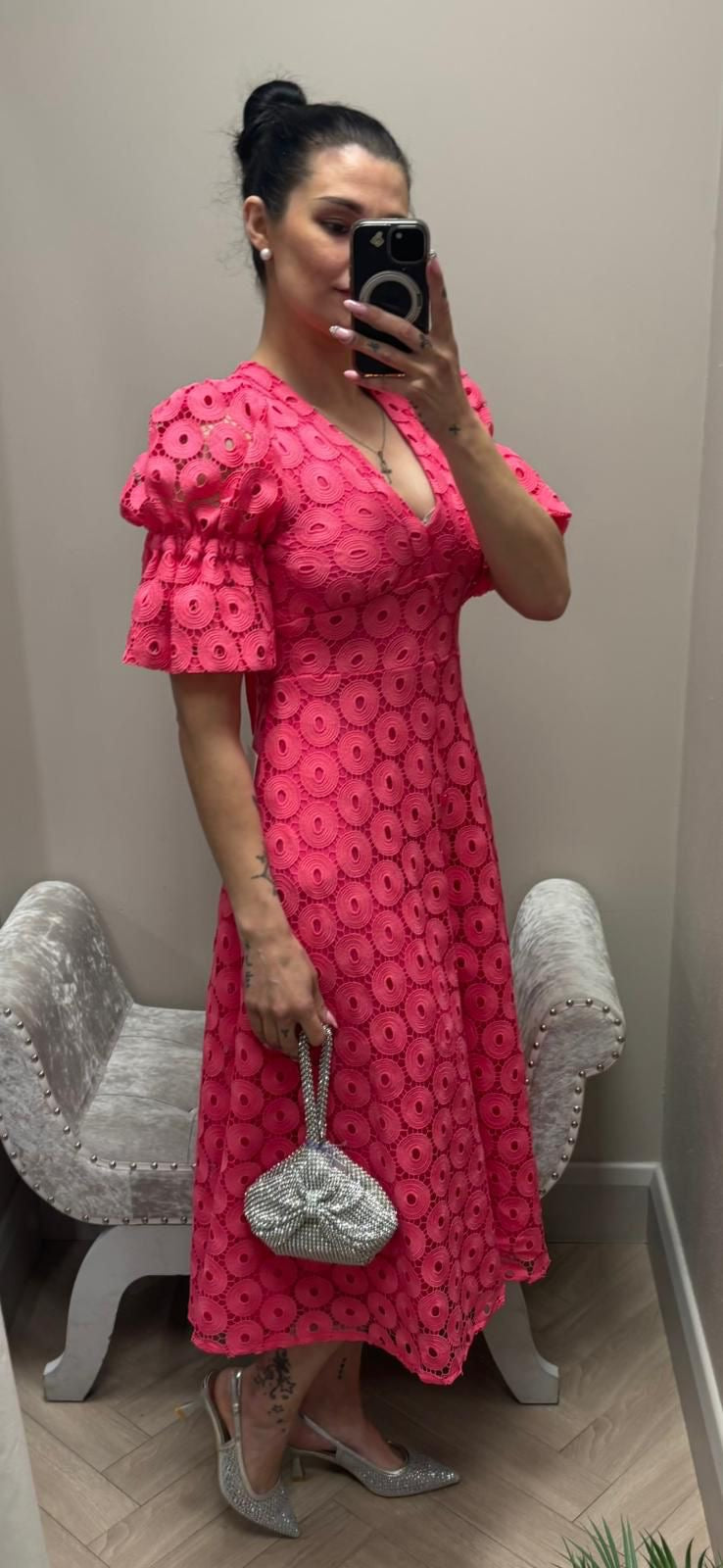 CALLIE PUFF SLEEVE FUSCHIA PINK LACE DRESS