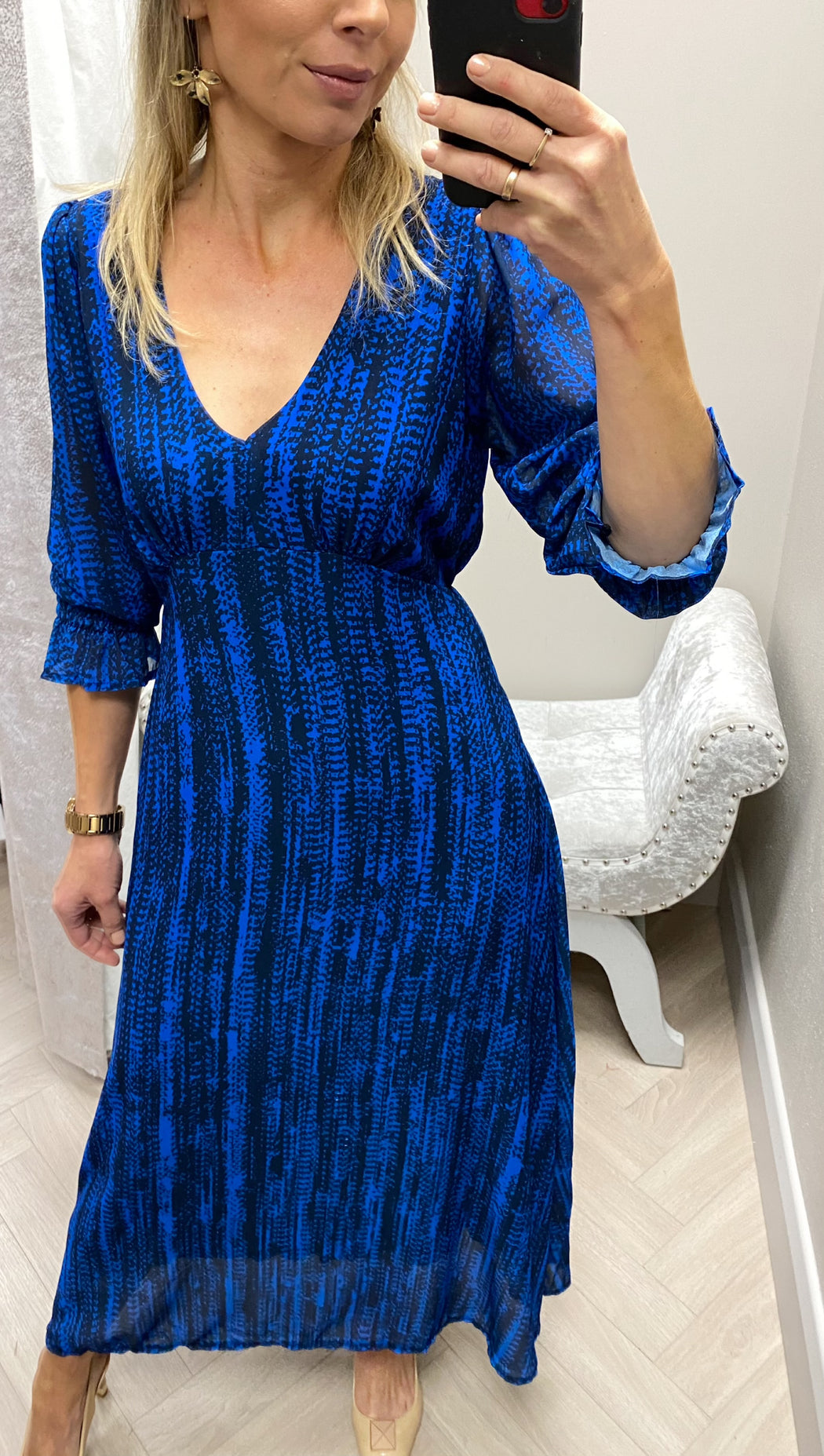 STREASA BLUE PRINT MIDI DRESS