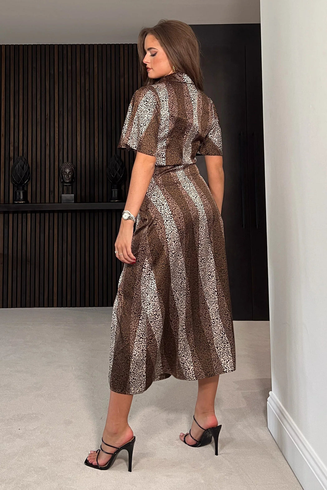 Roxana Brown Animal Shirt Detail Midi Dress