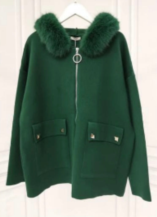 Green   hooded zip fur hood coatigan