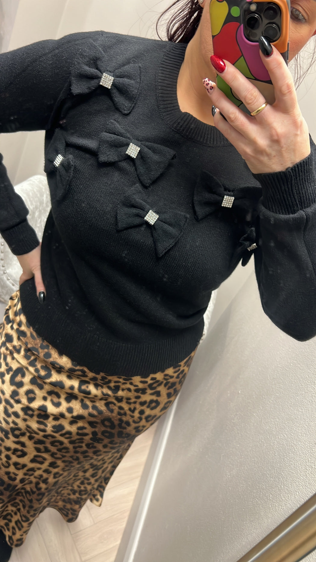 Black diamanté bow knit top