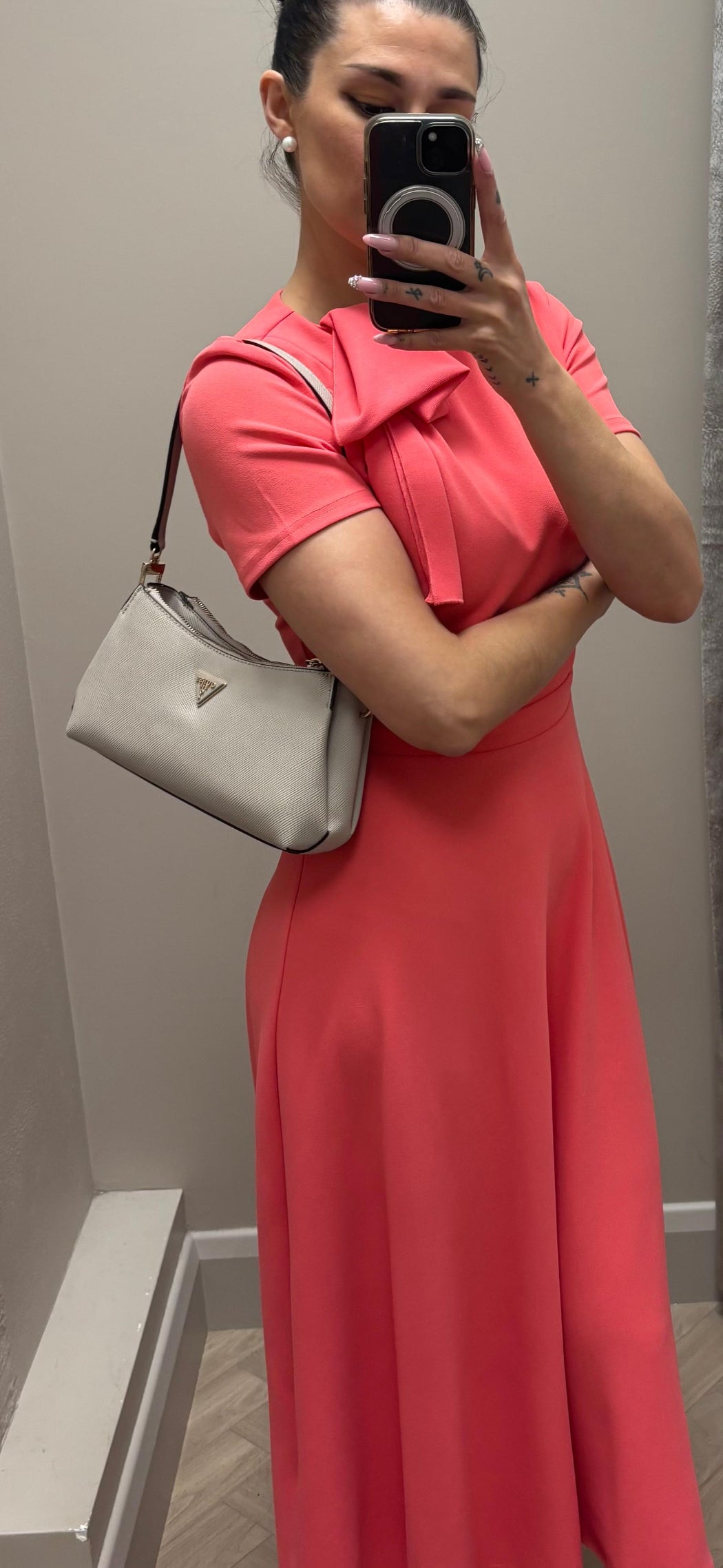 Minta Bow Detail Short Sleeve Midi Dress Coral