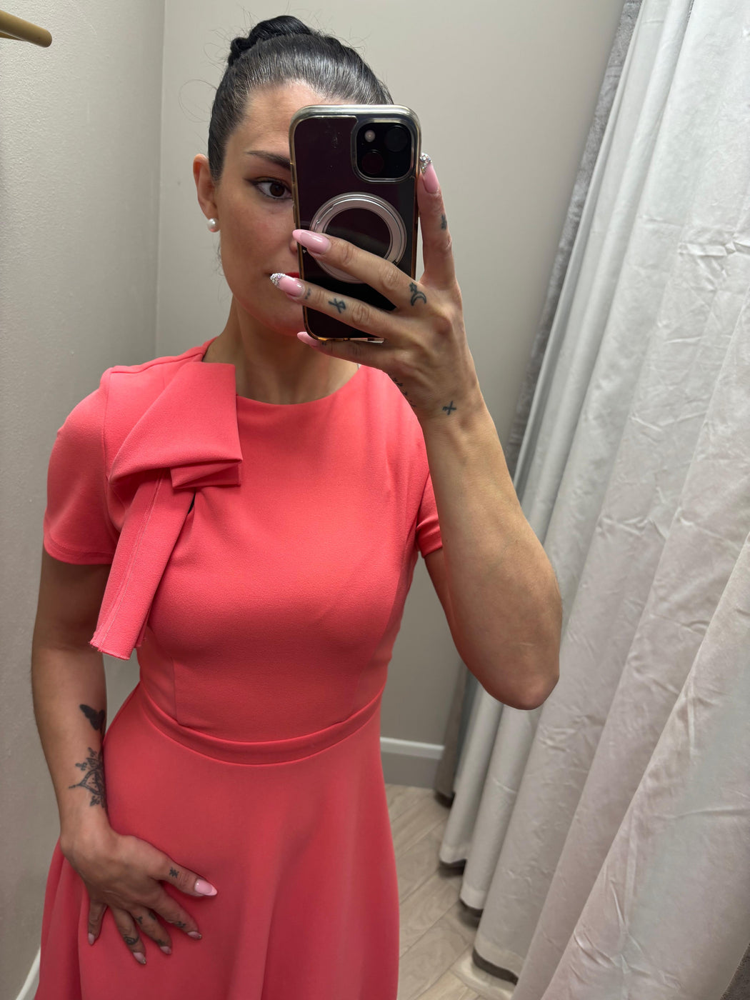 Minta Bow Detail Short Sleeve Midi Dress Coral