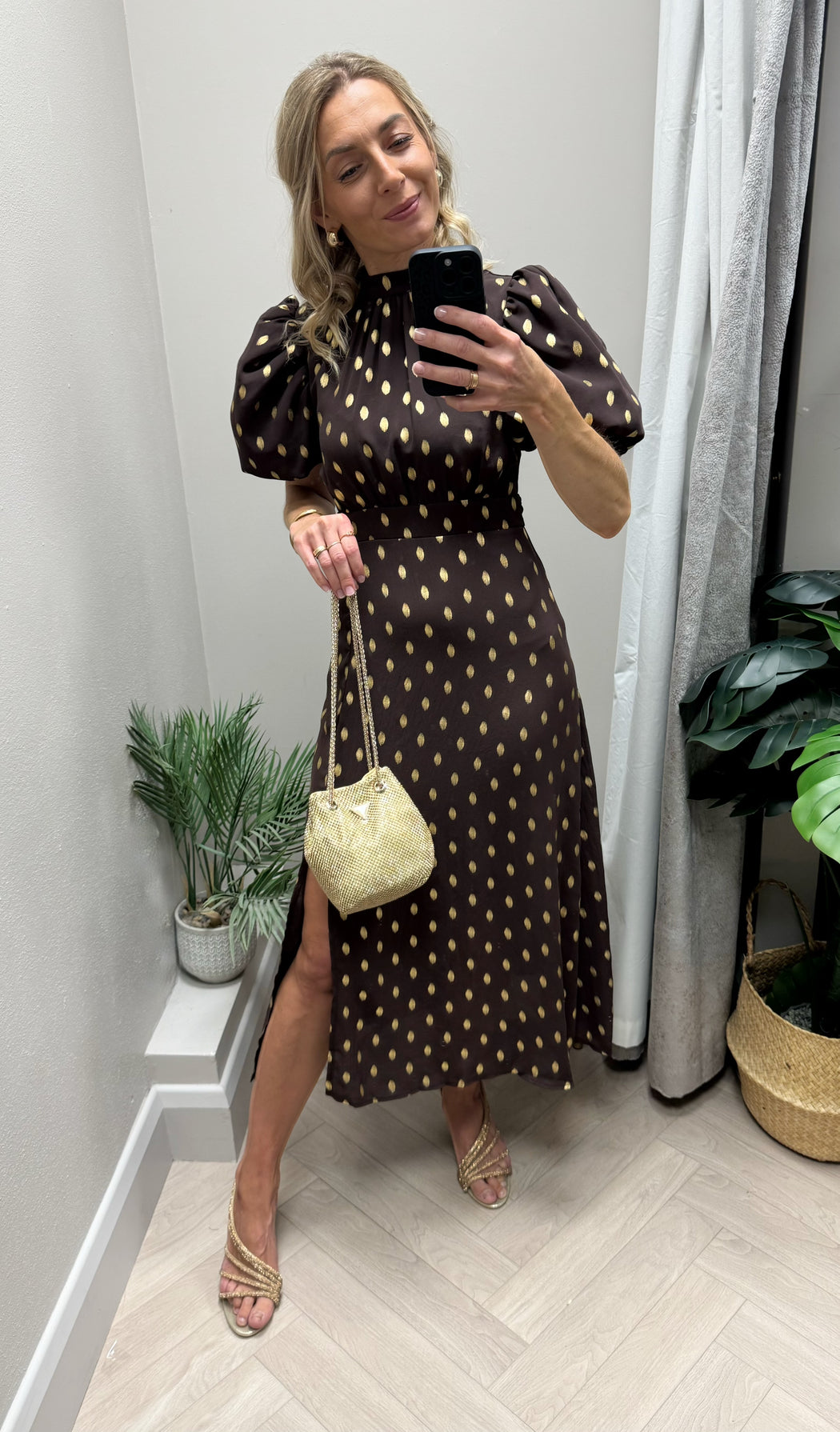 Lilith Brown & Gold Puff Sleeve High Neck Midi Dress