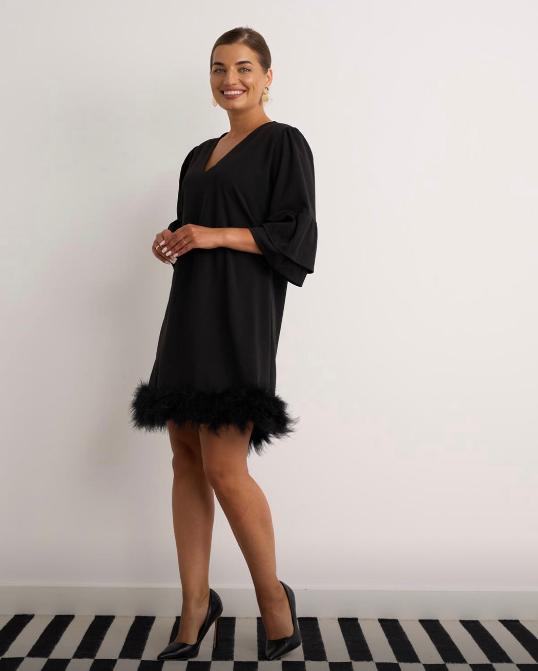 Kylie black fur trim dress