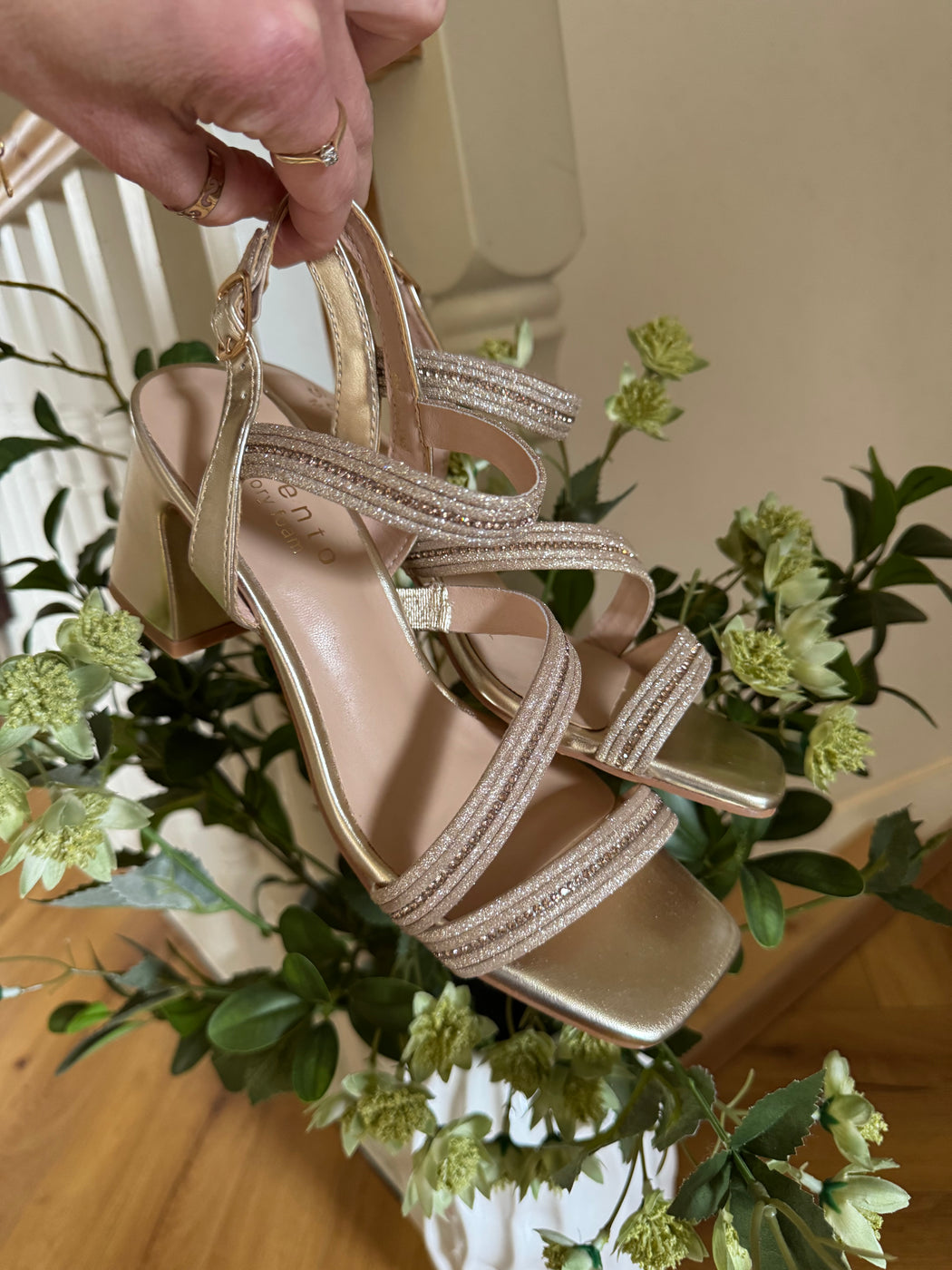 Brooklyns Gold block heel Bling Sandals