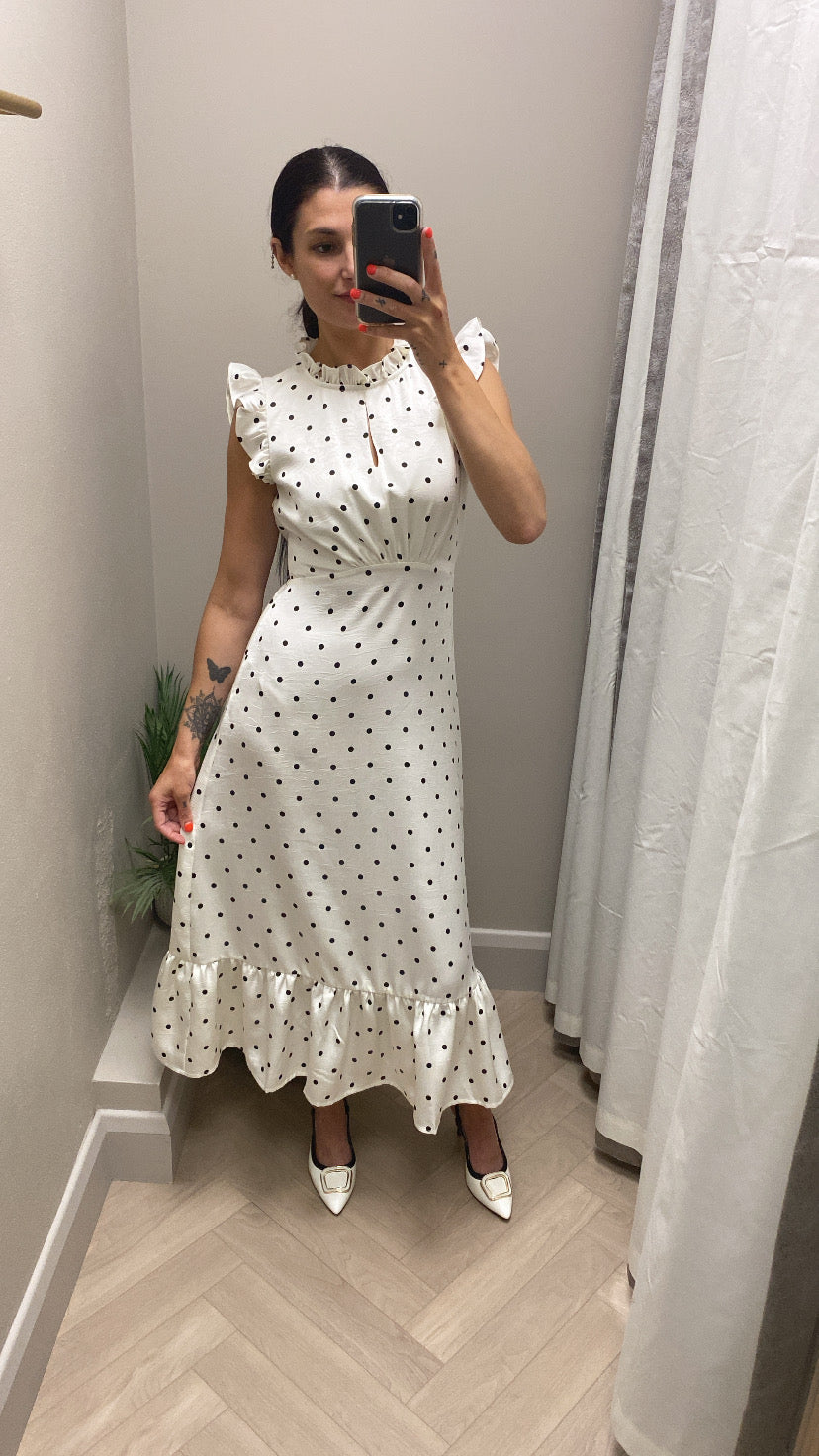 Polka Dot Satin Midi Dress - Cream
