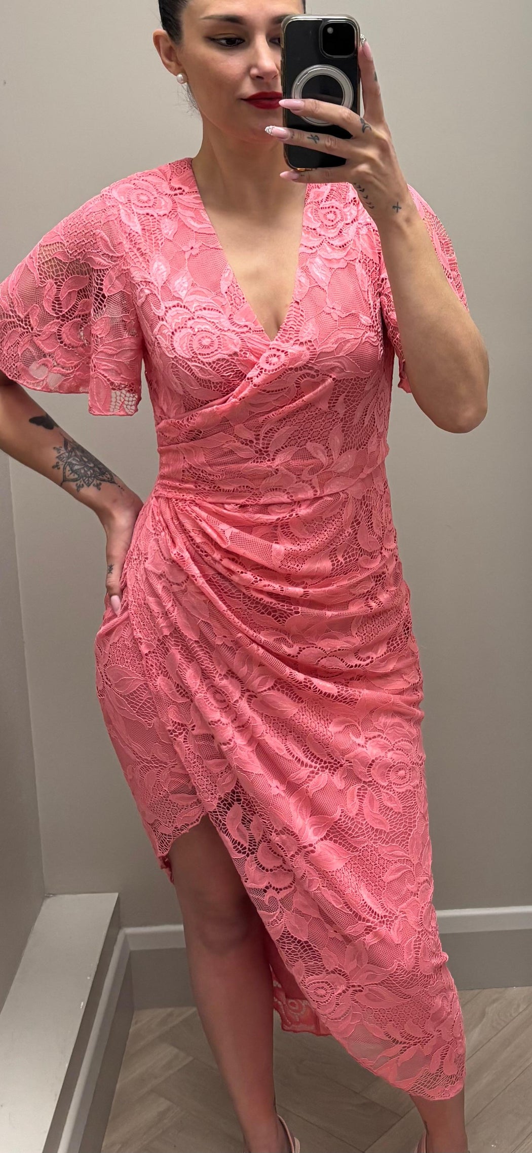 Natasha Angel Sleeve Wrap Midi Dress In Pink Lace