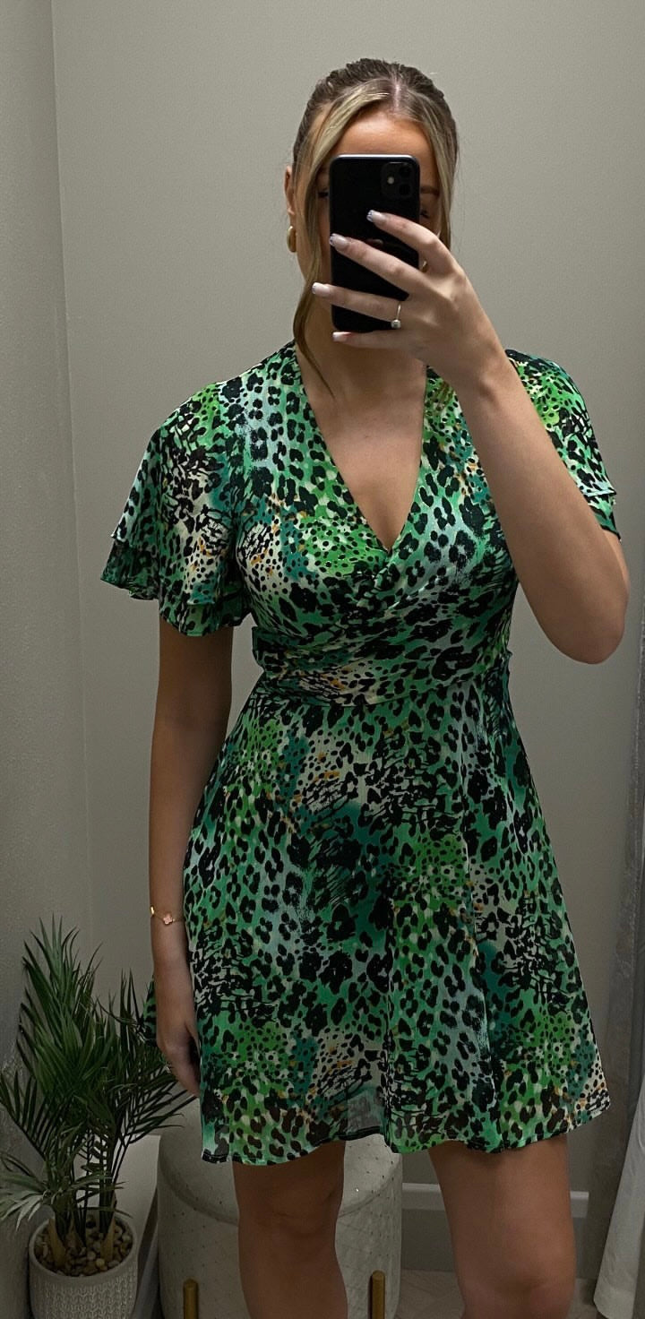 Yondal dress in small green leopard print