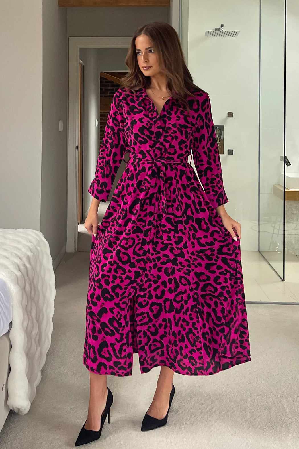 Angela Pink Animal Shirt Maxi Dress