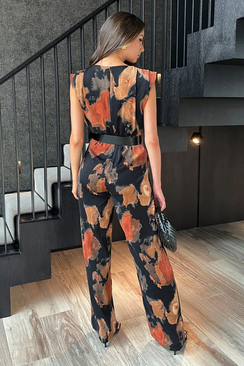 Pa649  Boat Neck Belted Wide Leg Jumpsuit