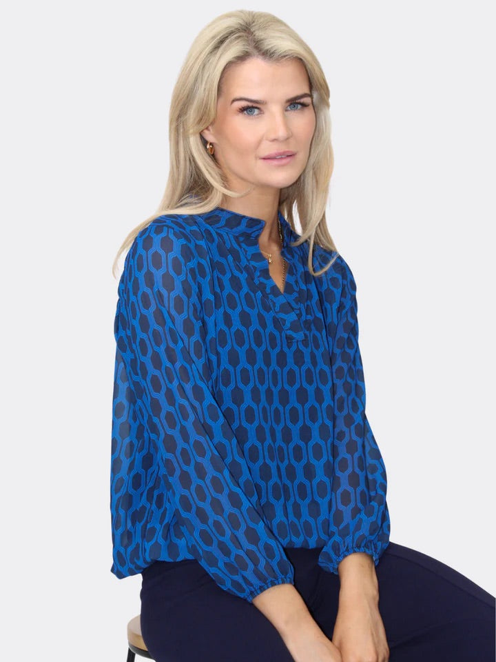 Bella band top in blue geo print