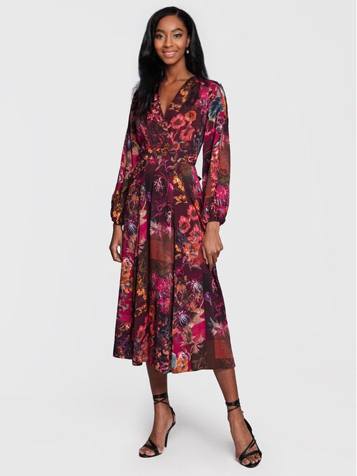 D7606 maroon full skirt wrap dress