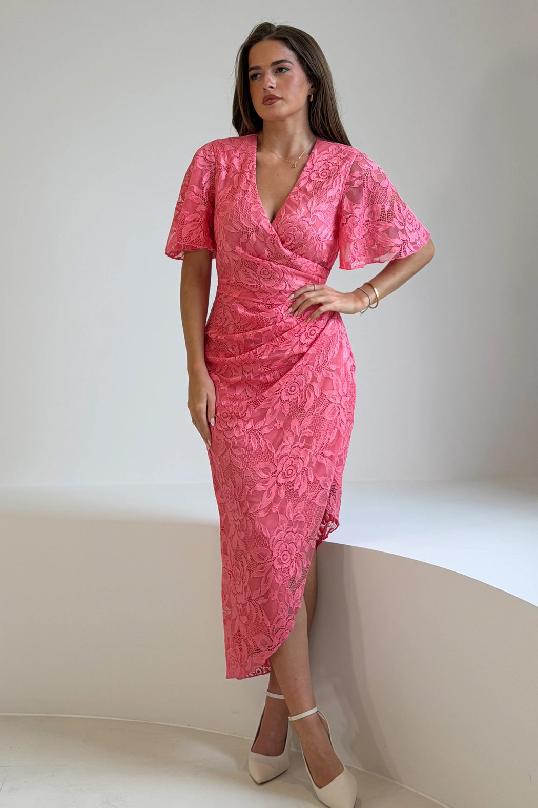 Natasha Angel Sleeve Wrap Midi Dress In Pink Lace