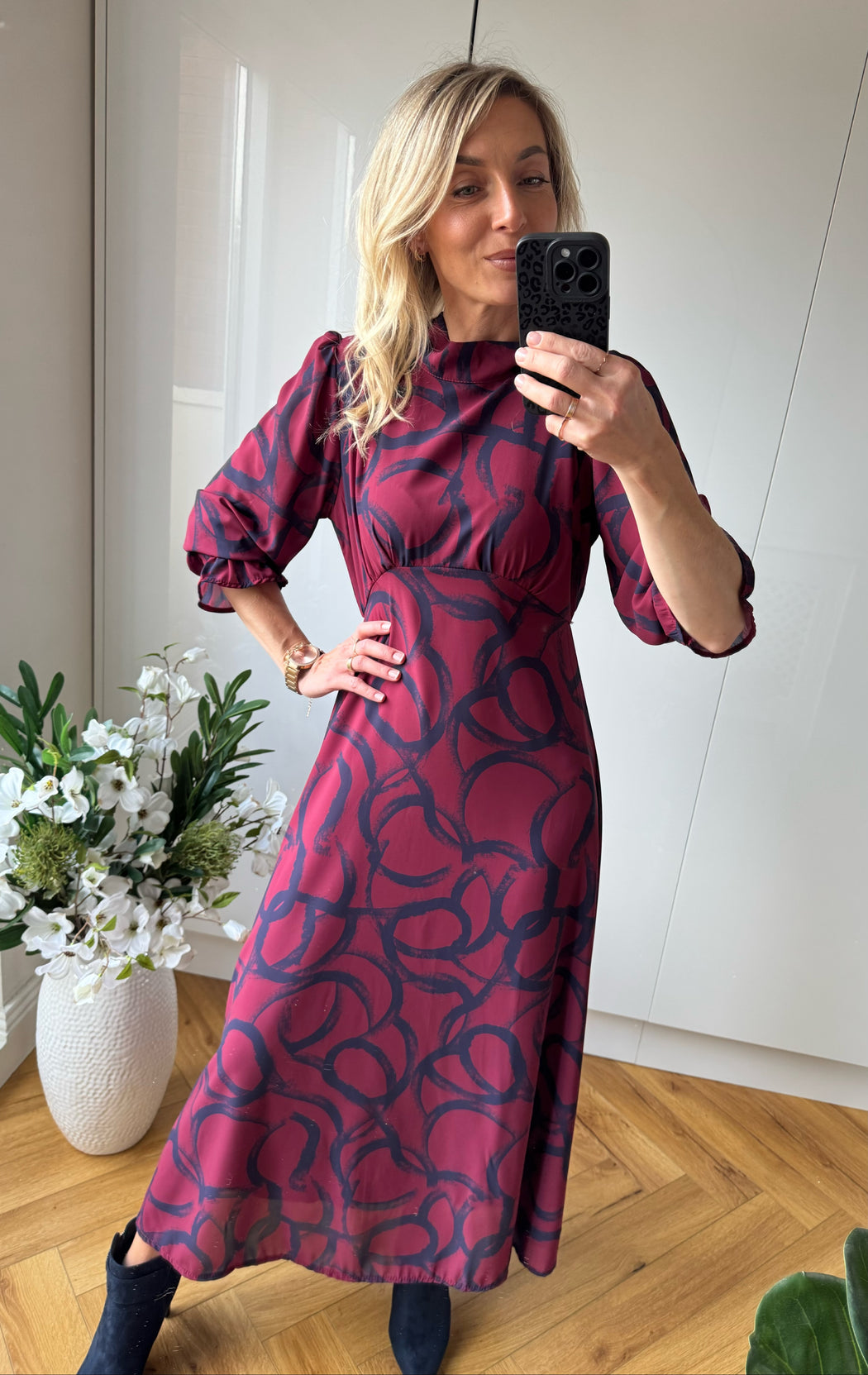 Simona magenta navy midi dress