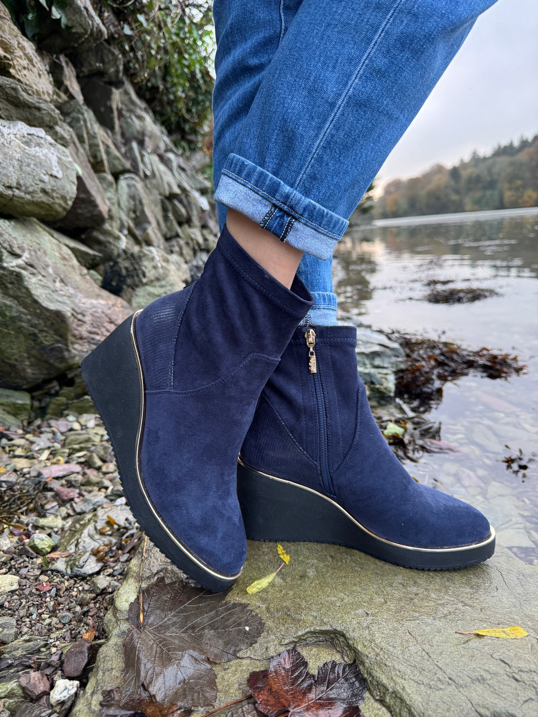 Poole sapphire navy wedge boots