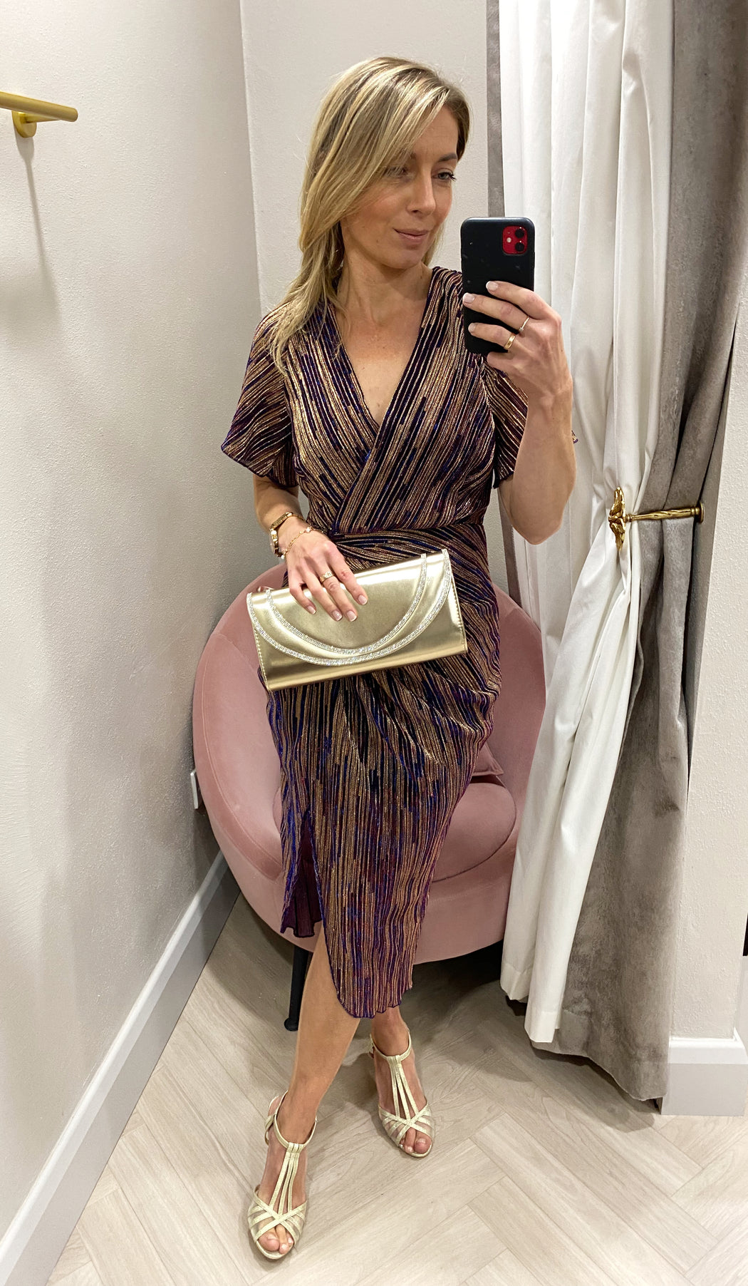 Isla wine & gold Metallic midi dress