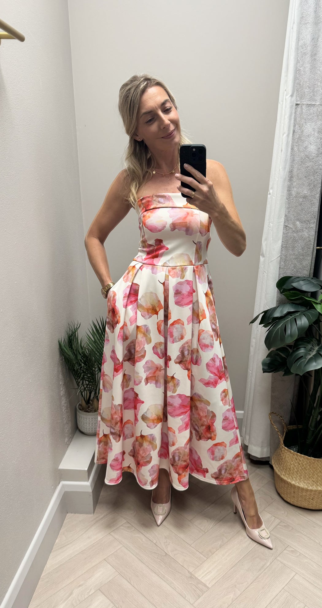 Danni Strapless Bandeau Midi Dress Pink Floral