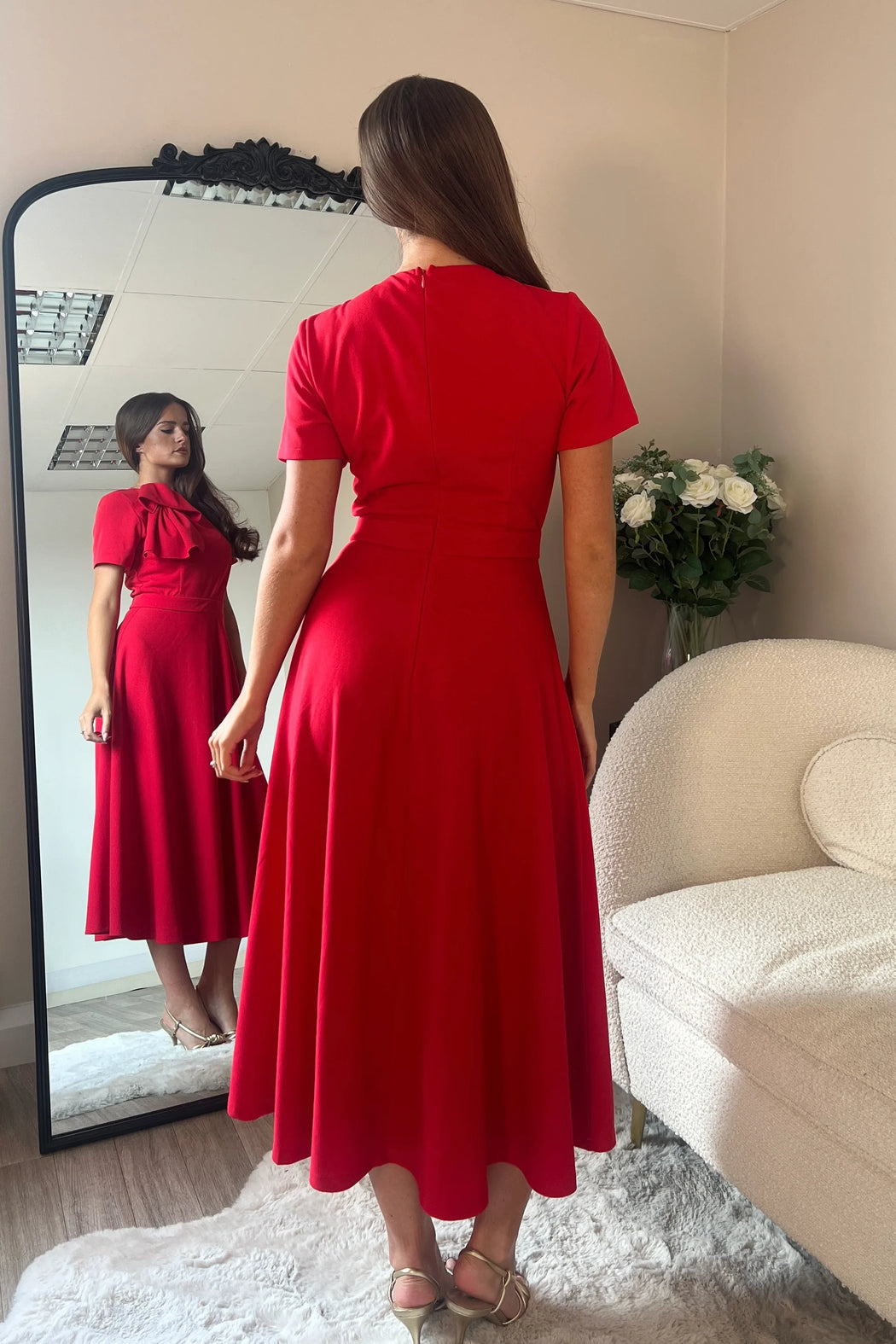 Red Minta Bow Detail Short Sleeve Midi Dress