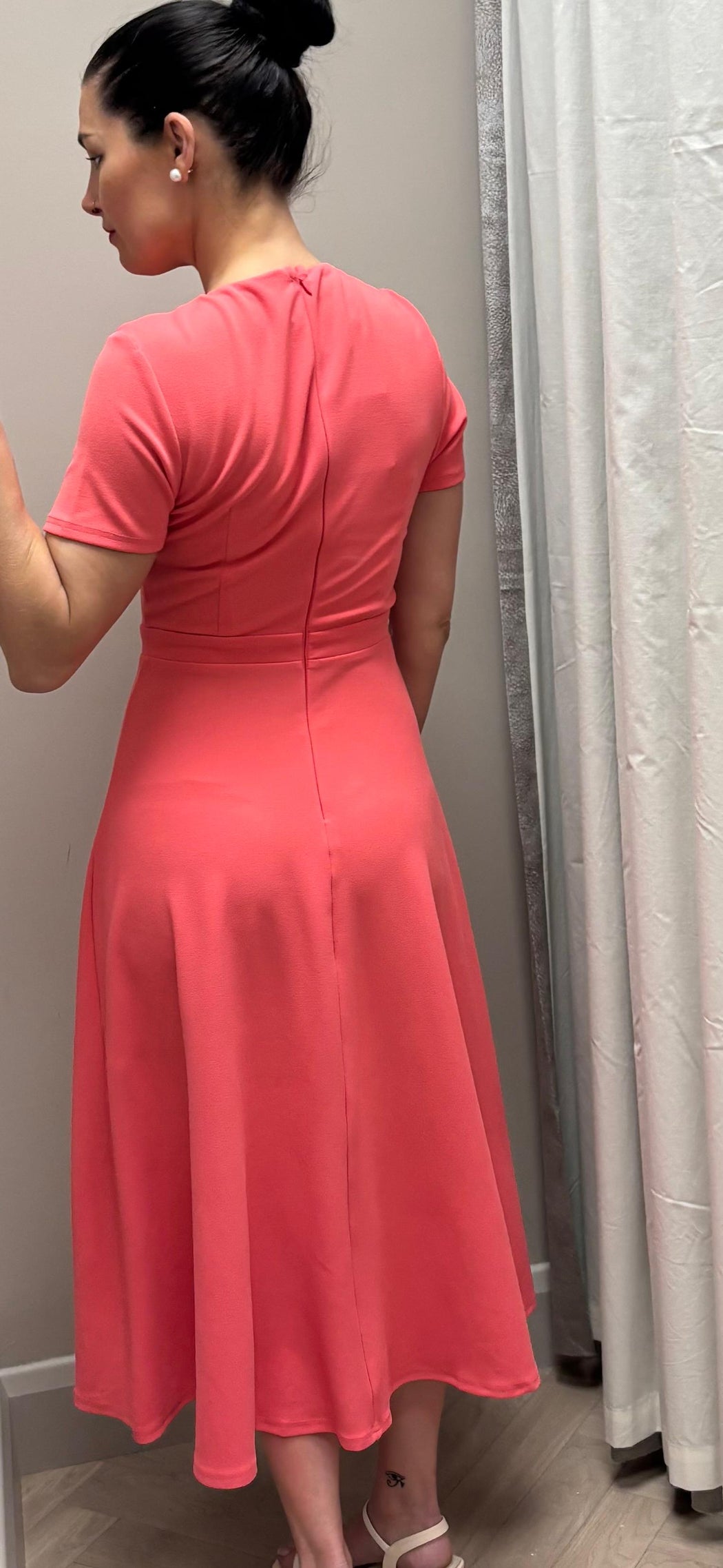 Minta Bow Detail Short Sleeve Midi Dress Coral