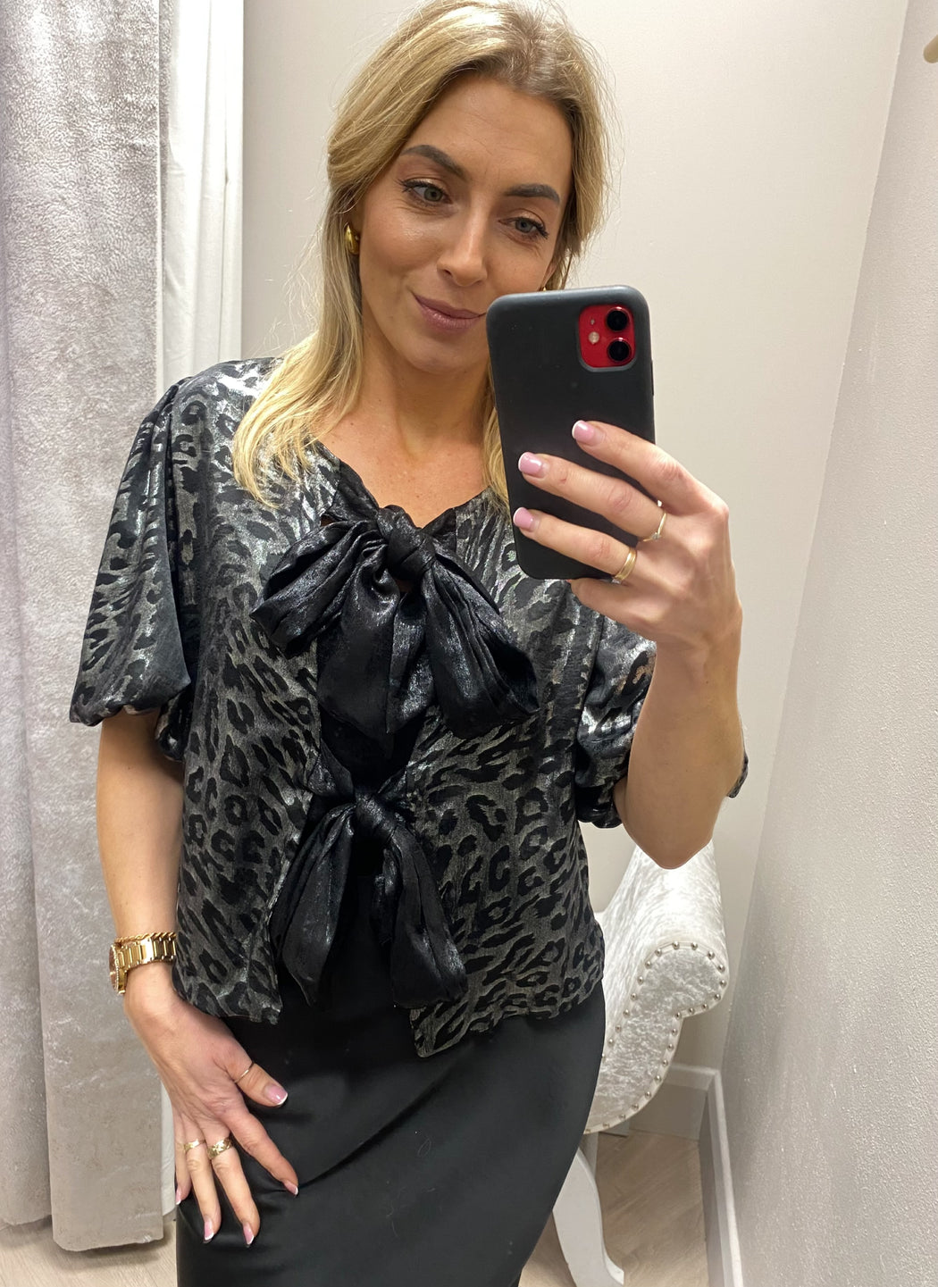 Jodie silver black bow leopard top