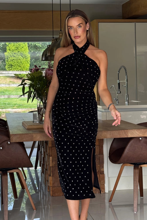 Bessie Halter Neck Side Split Midi Dress Beaded Velvet