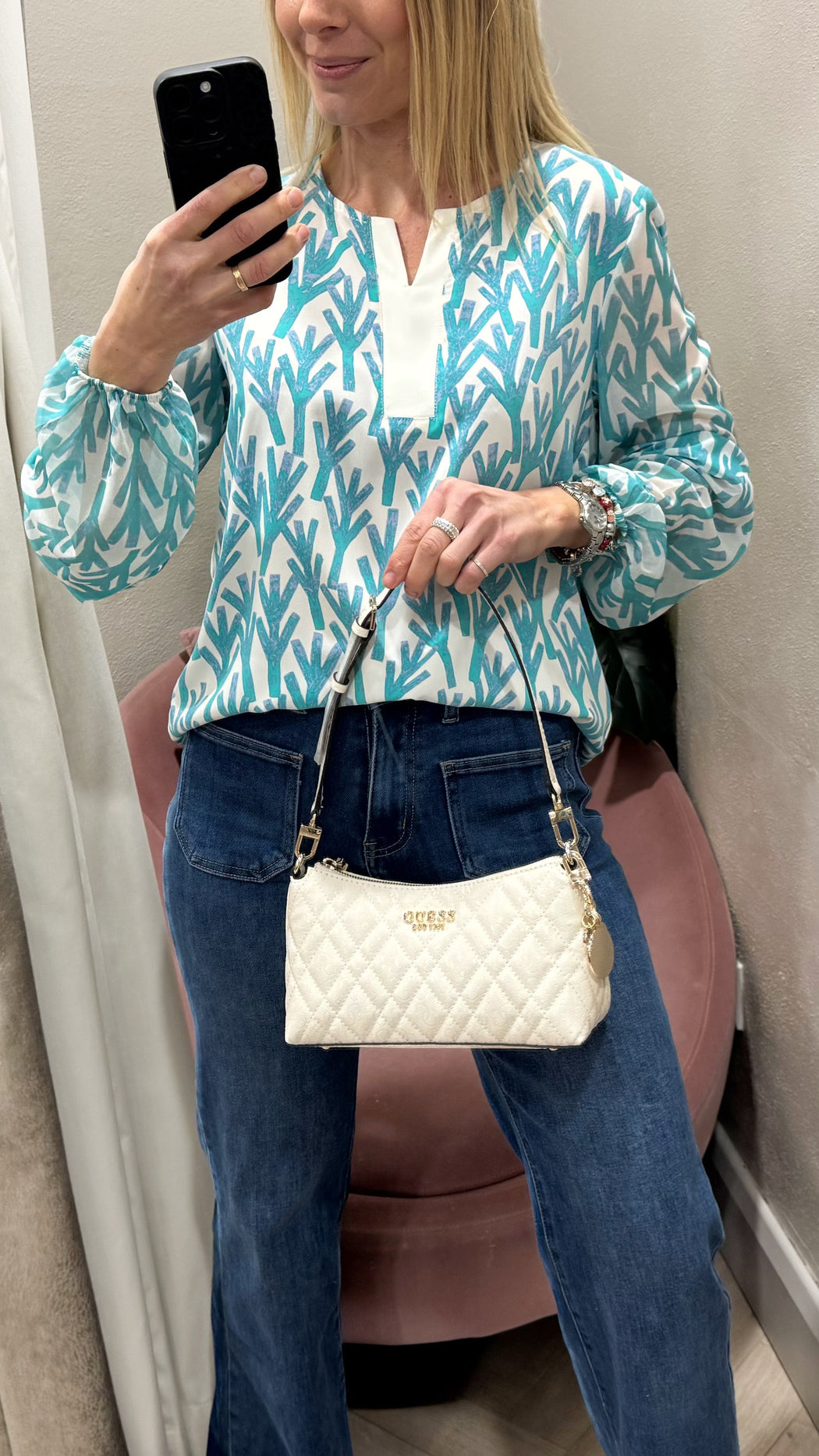 Guess off White Logo Isemay Shoulder Bag