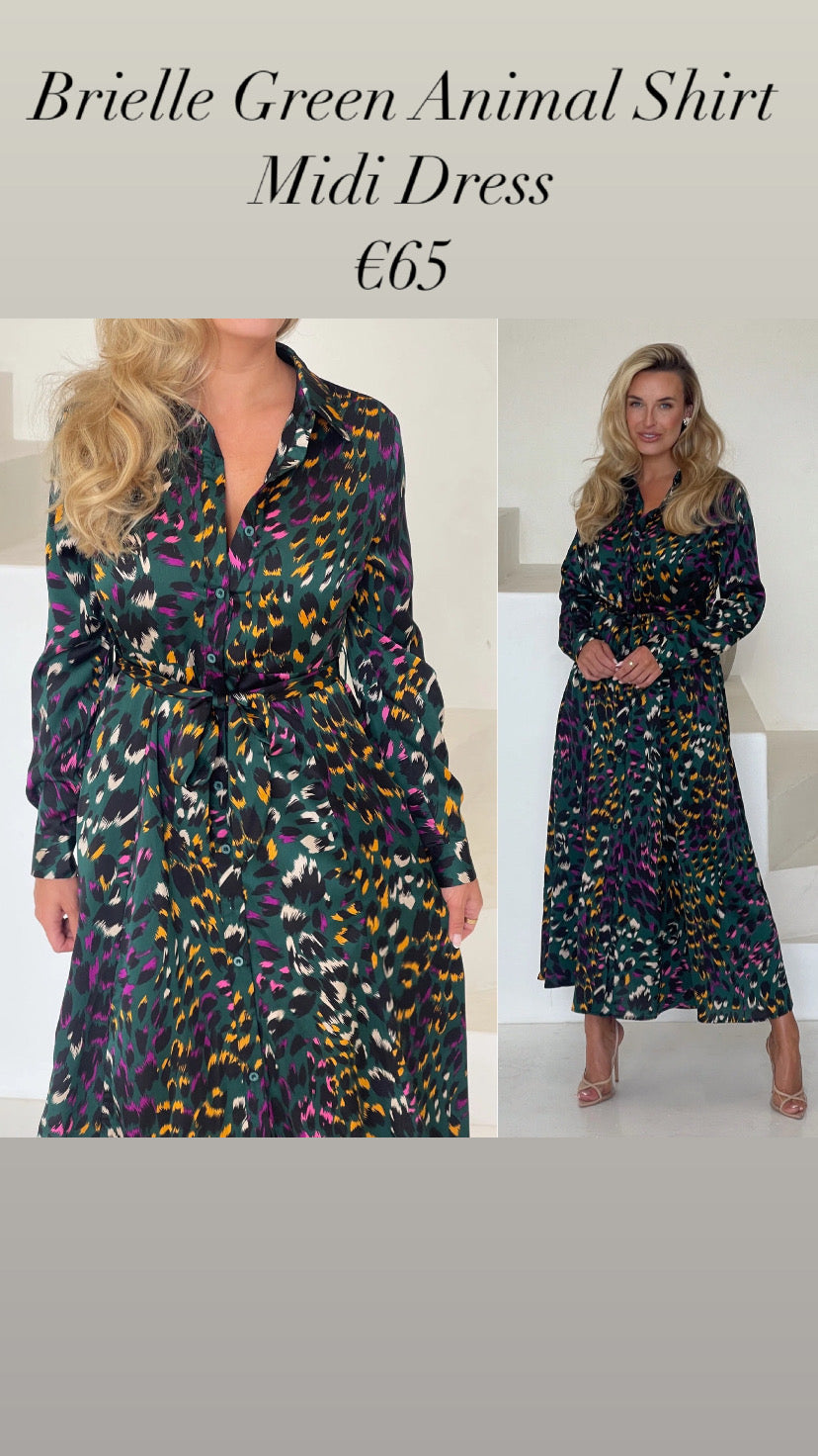 Brielle Green Animal Shirt Midi Dress