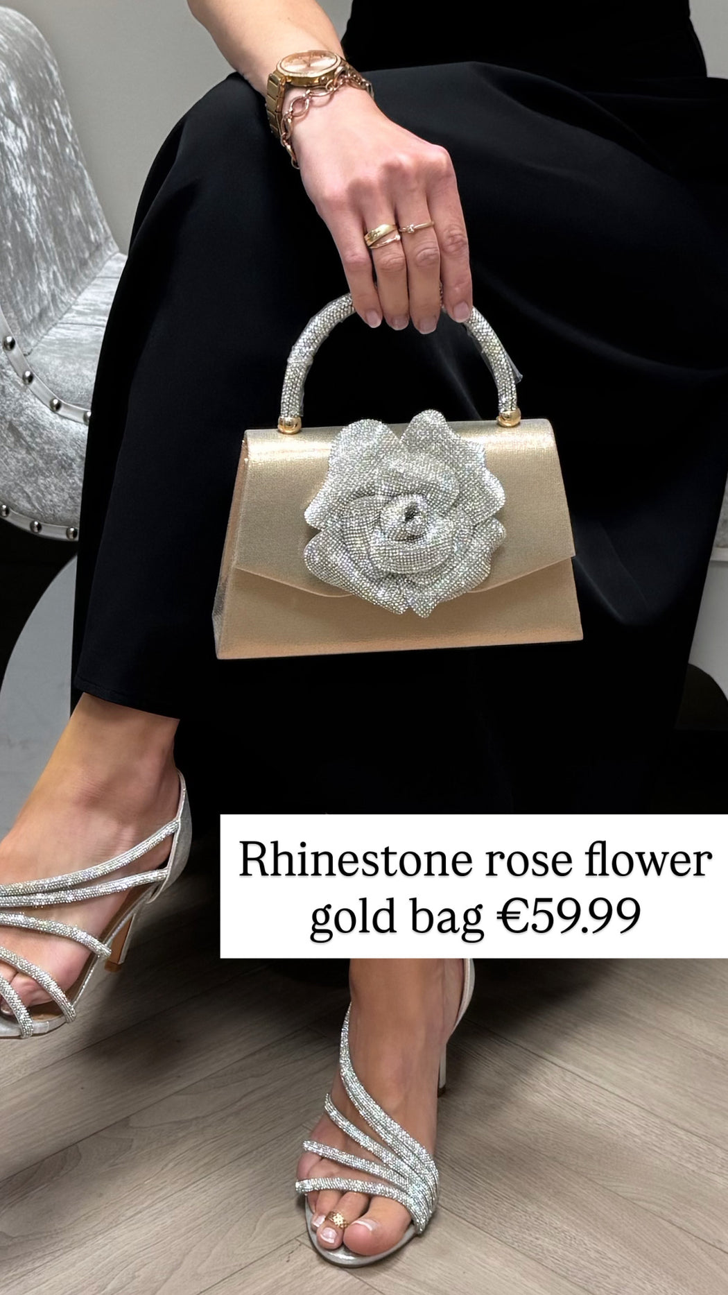 Rhinestone rose flower gold bag