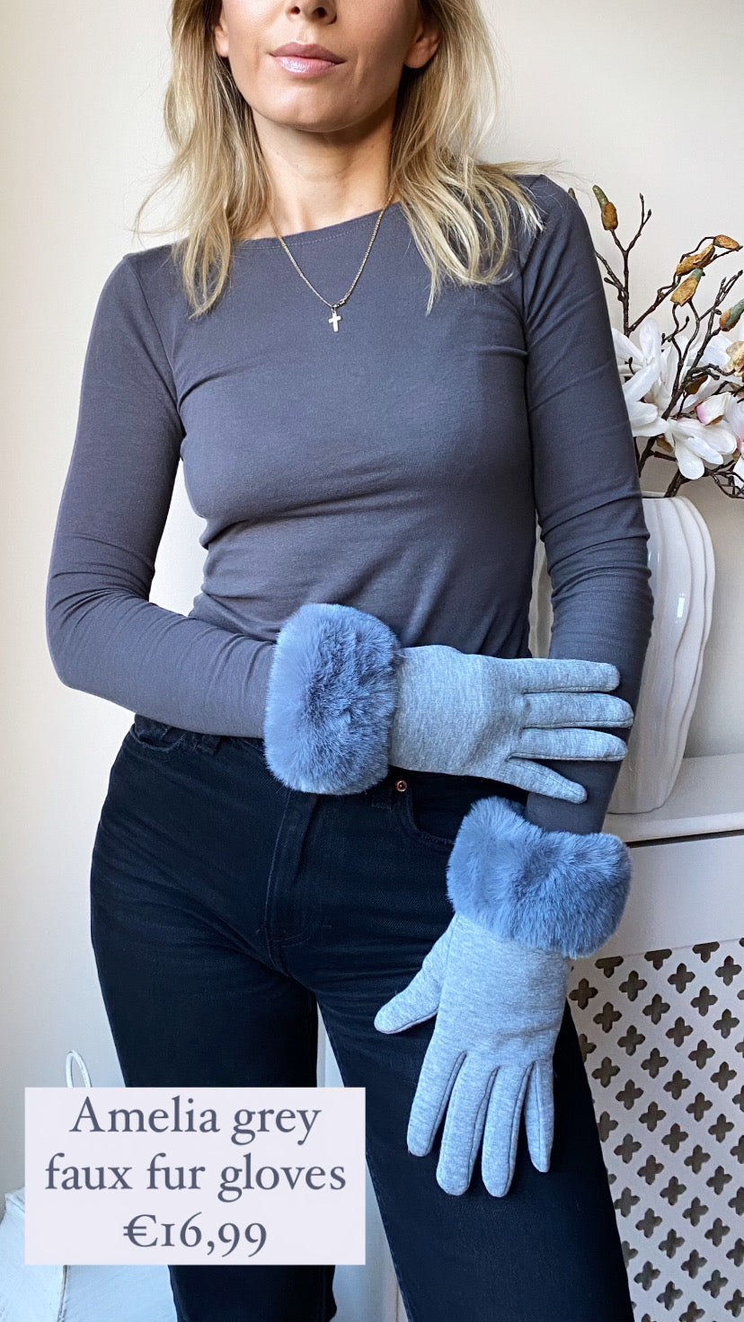 Amelia grey faux fur gloves