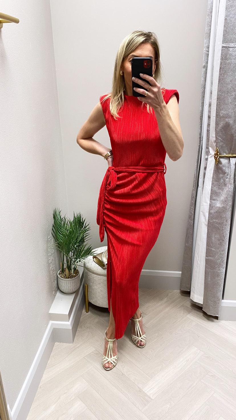 Elena  red Ruched seamed Midi Dress