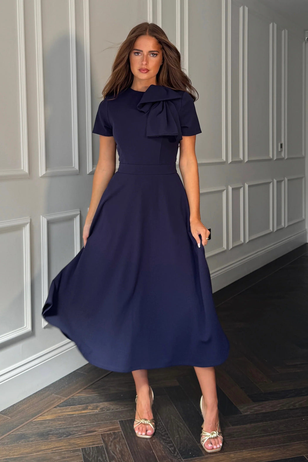 Navy Minta Bow Detail Short Sleeve Midi Dress