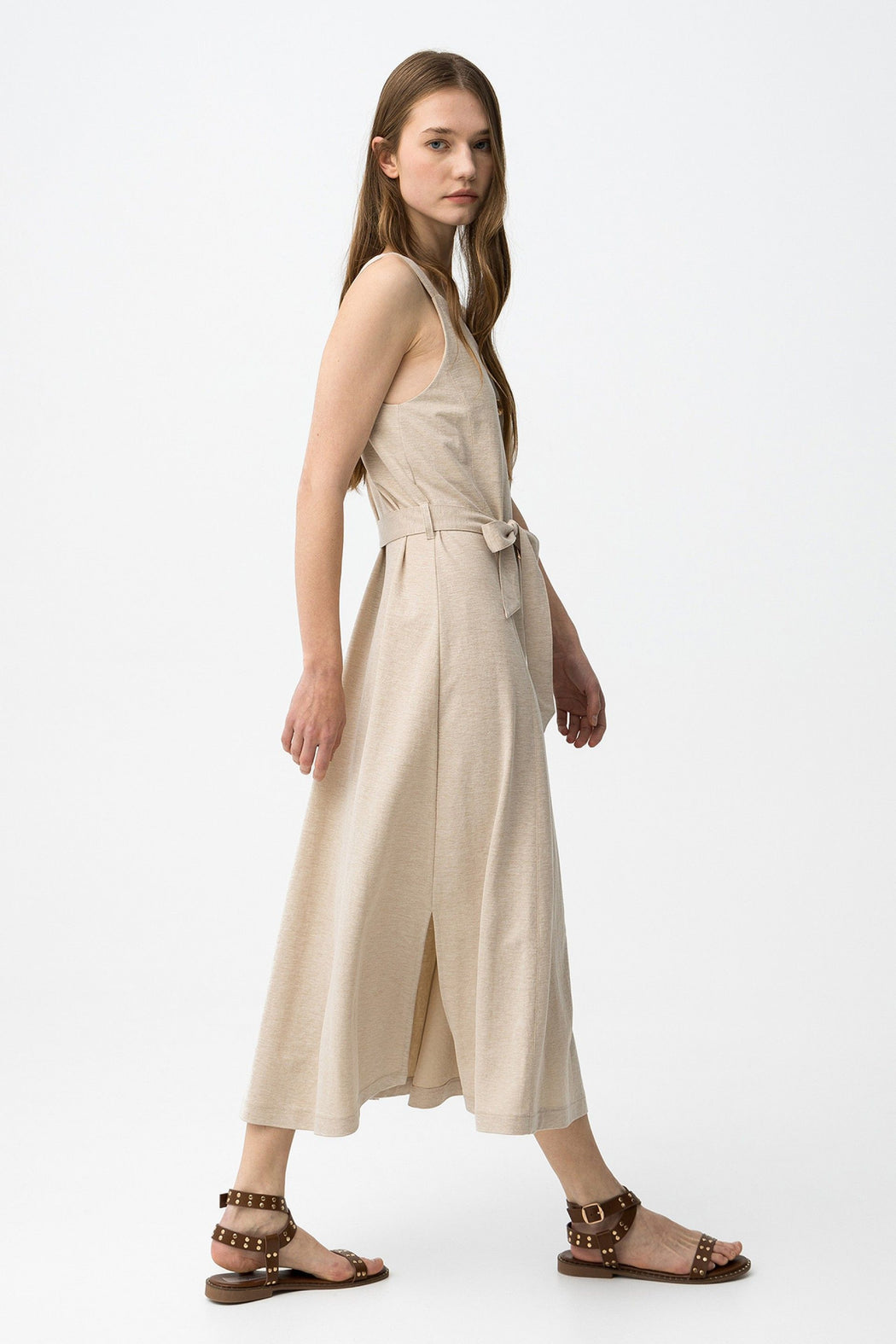 Shara beige gold button detail dress