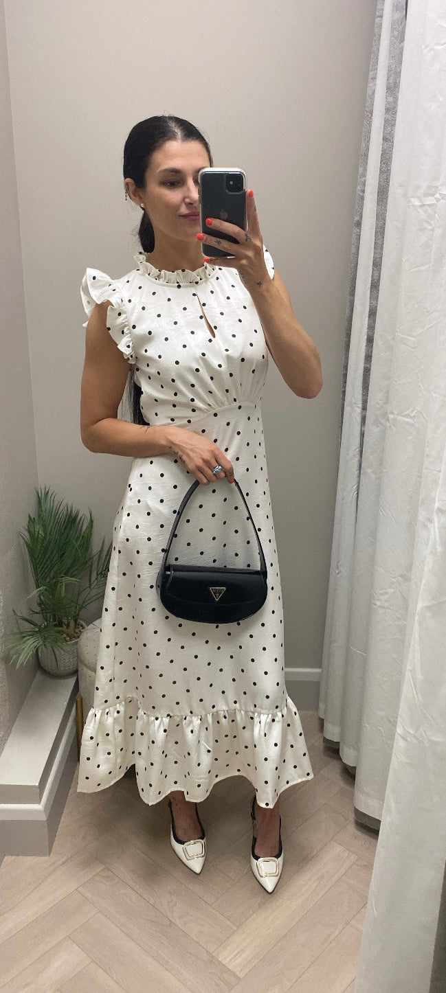 Polka Dot Satin Midi Dress - Cream