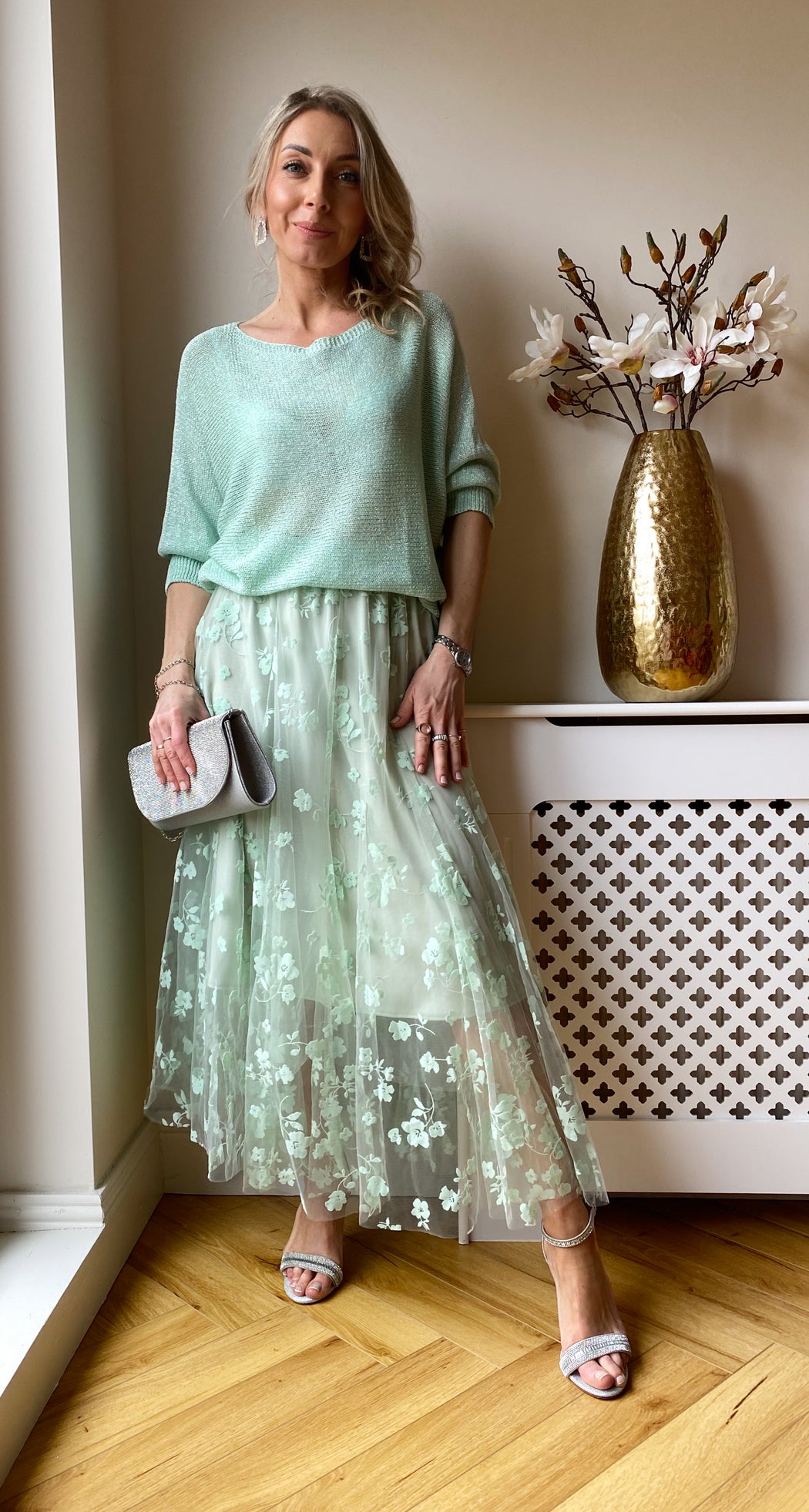 Lucey Mint green floral tulle skirt