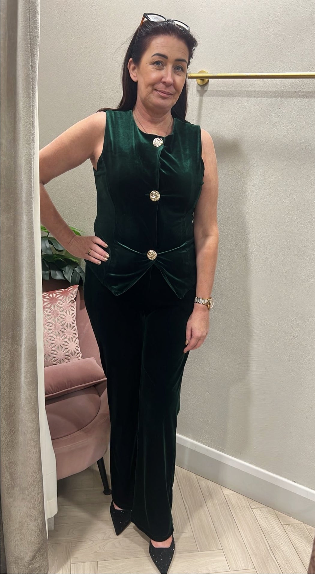 Green velvet two piece suit