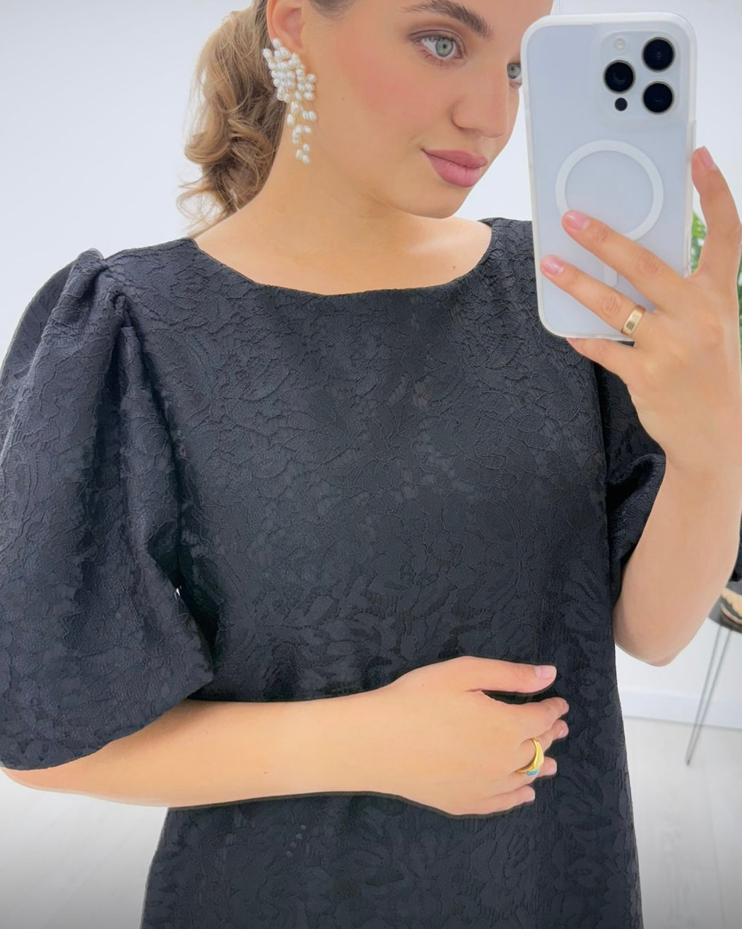 Breda black puff sleeve lace dress
