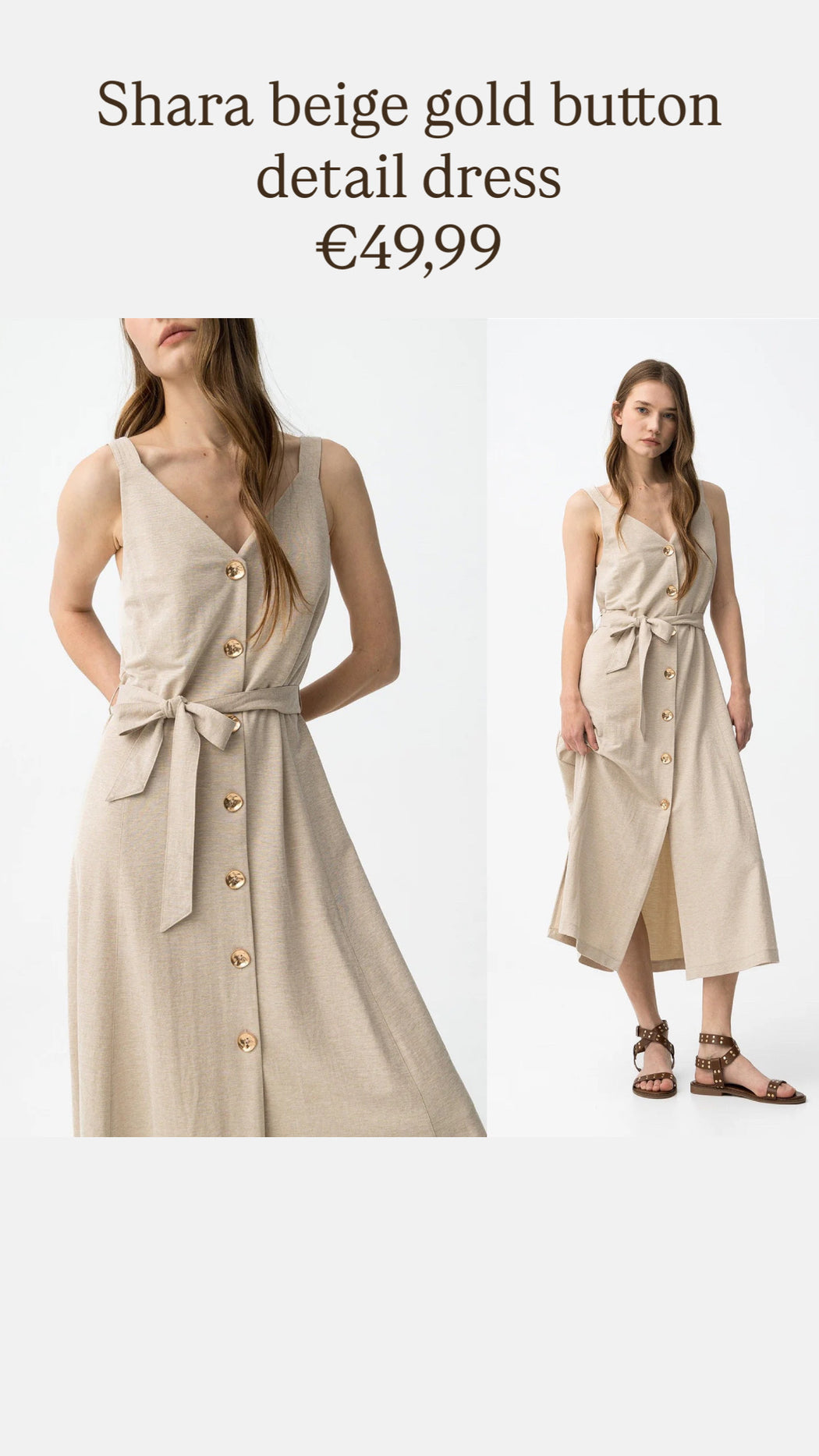 Shara beige gold button detail dress